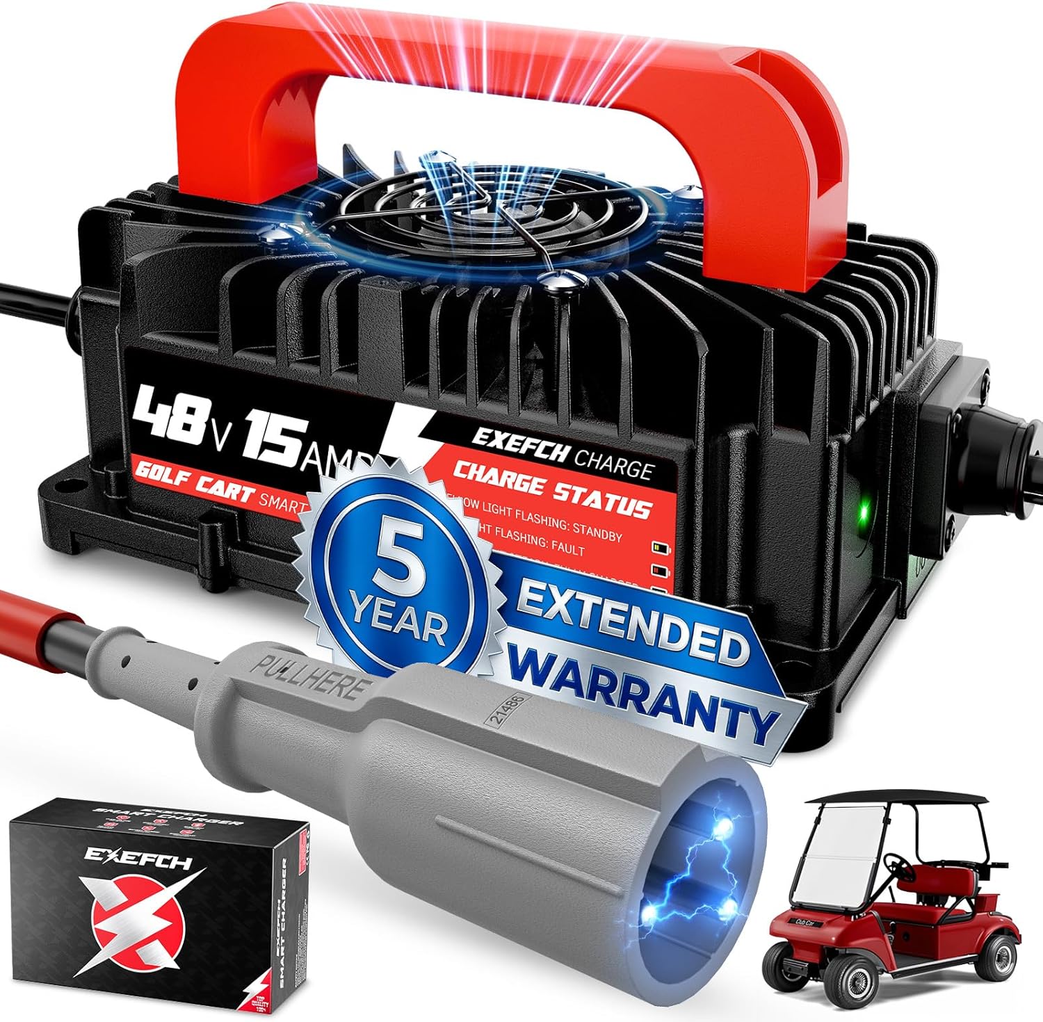 48 Volt 15 Amp Golf Cart Charger for Club Car Precedent & DS Series with 3-Pin Round Plug Only for Lead Acid Battery