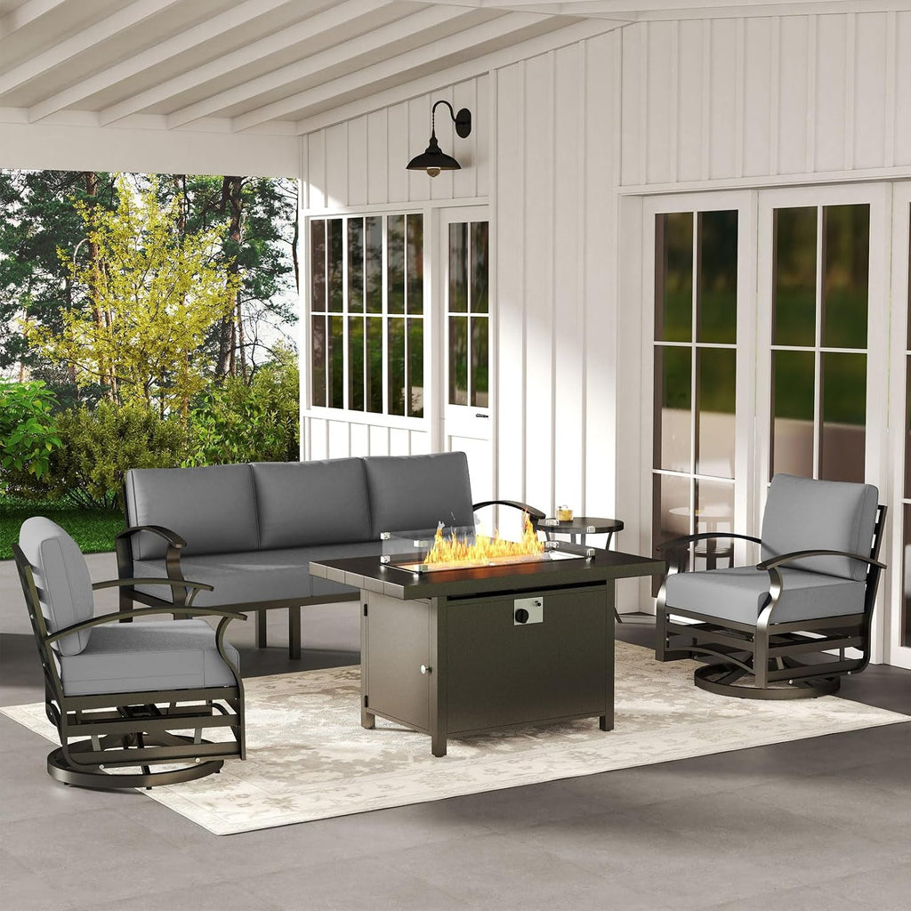 ALAULM Aluminum Patio Furniture Set with Propane Fire Pit Table 5-seat Metal Outdoor Furniture w/Fire Pit Patio Sectional Sofas w/5.1' Cushions for Patio, Backyard, Poolside-Grey