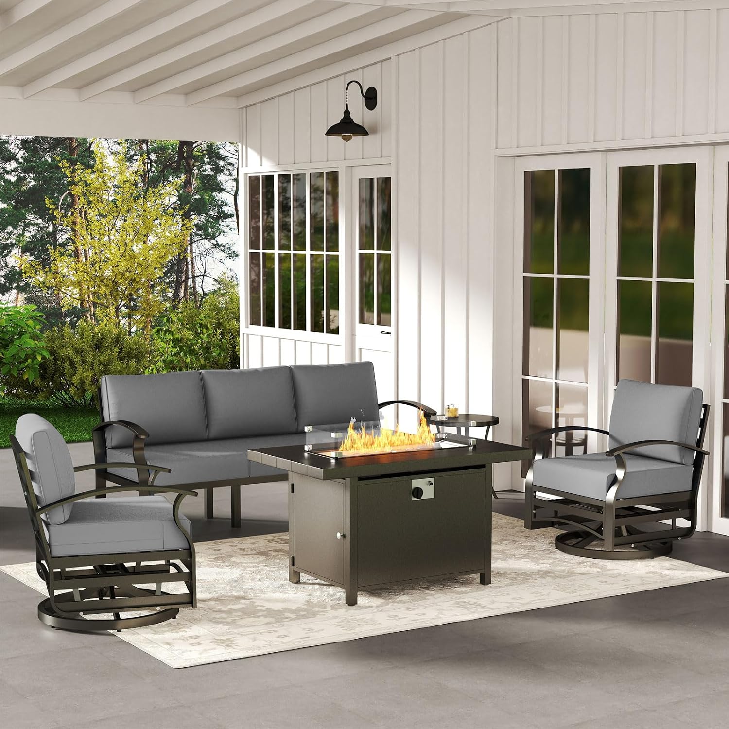 ALAULM Aluminum Patio Furniture Set with Propane Fire Pit Table 5-seat Metal Outdoor Furniture w/Fire Pit Patio Sectional Sofas w/5.1' Cushions for Patio, Backyard, Poolside-Grey