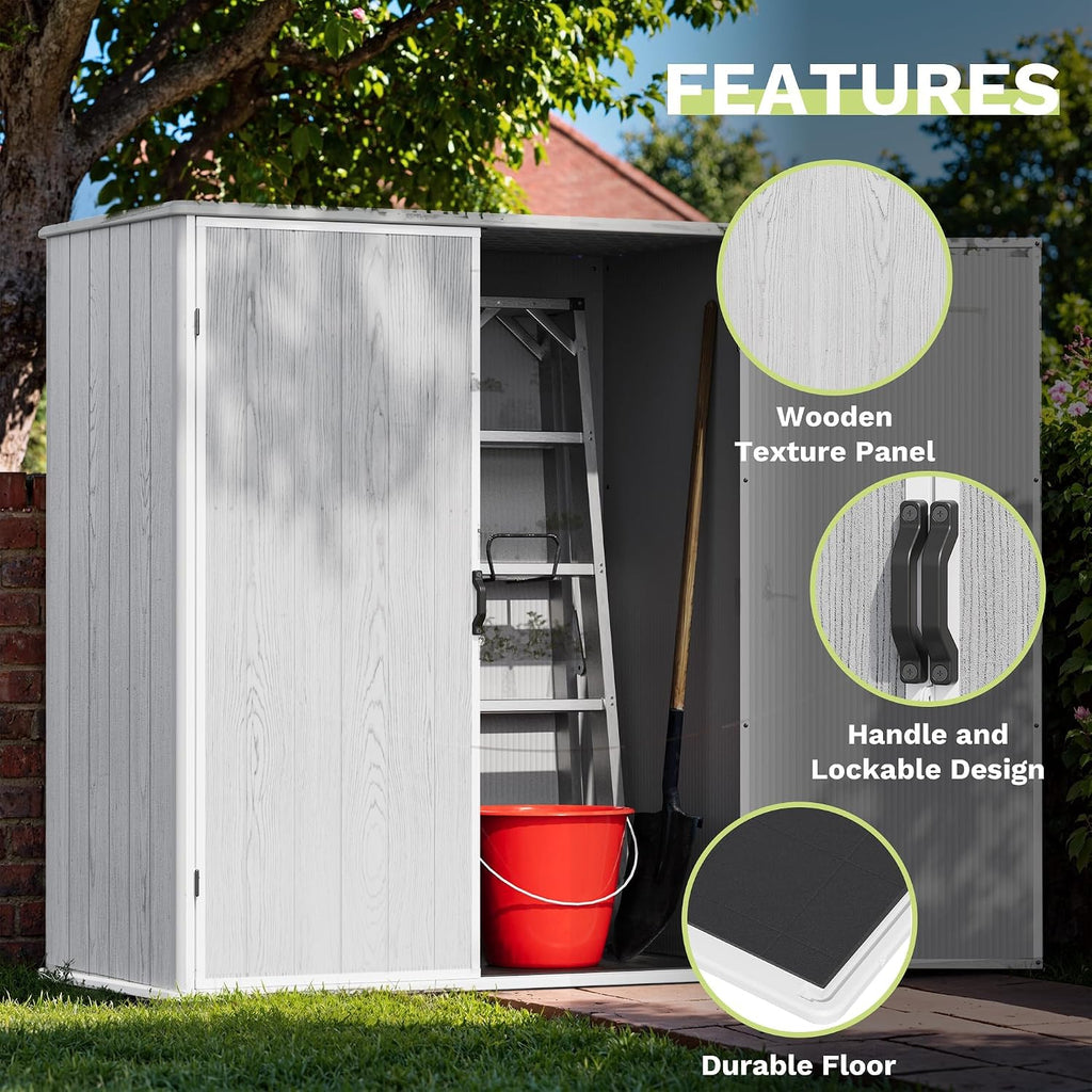 Devoko 5x3 FT Plastic Storage Shed with Floor, Small Resin Vertical Outdoor Storage Cabinet with Lockable Door, Waterproof Tool Garden Shed for Patio Lawn Backyard, Light Gray