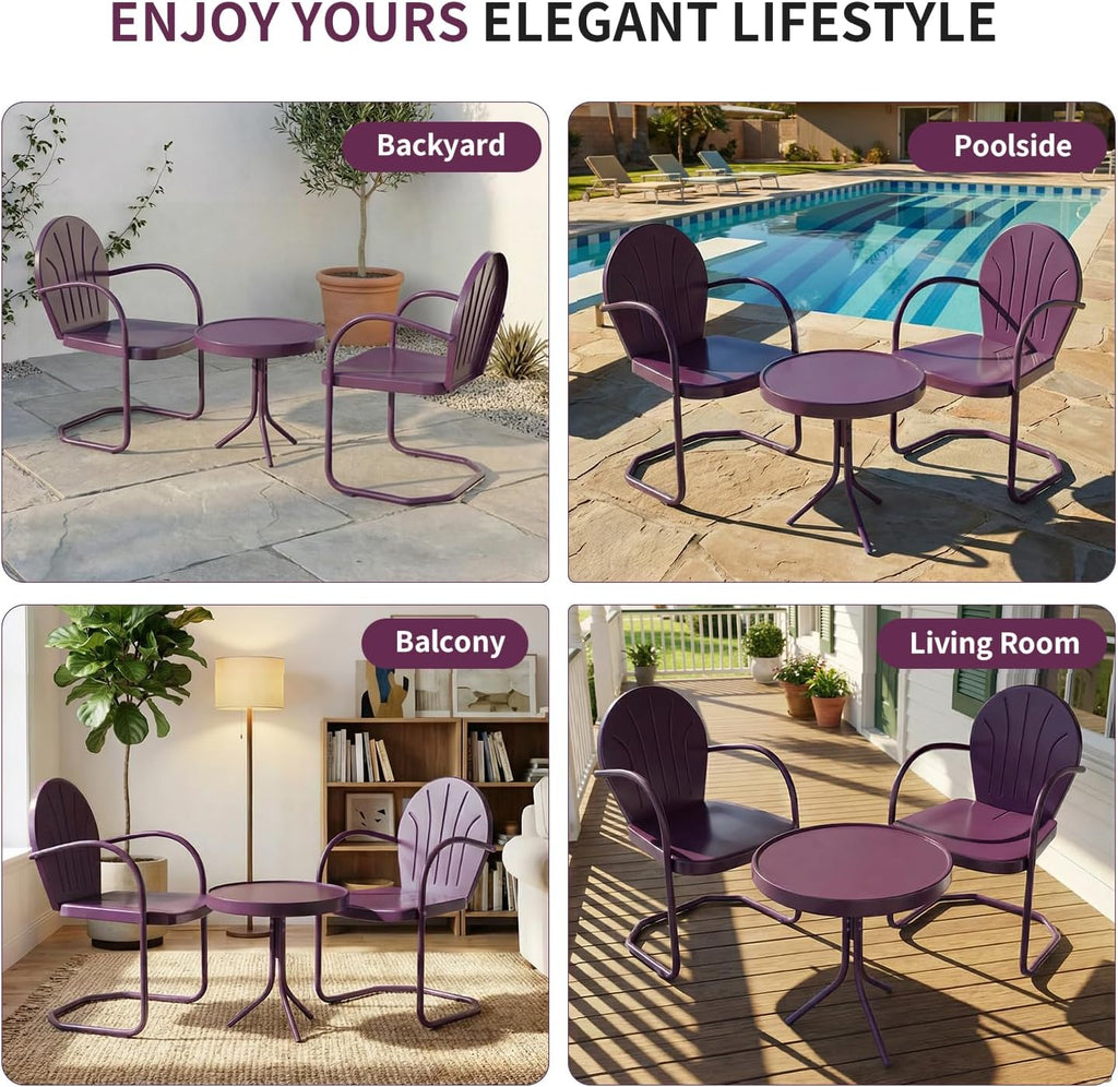 Patio Bistro Set Retro Metal Outdoor Seating Conversation 3 Pieces, 2 C-Spring Motion Armchairs and Round Side Table, for Porch, Lawn, Garden, Purple
