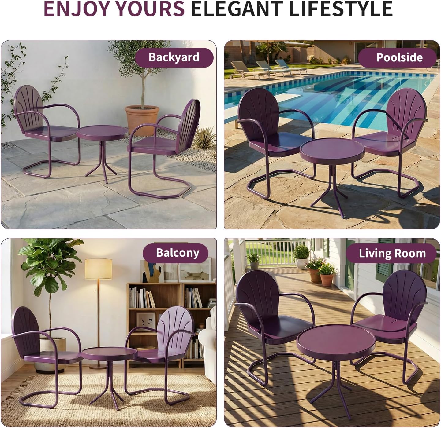 Patio Bistro Set Retro Metal Outdoor Seating Conversation 3 Pieces, 2 C-Spring Motion Armchairs and Round Side Table, for Porch, Lawn, Garden, Purple