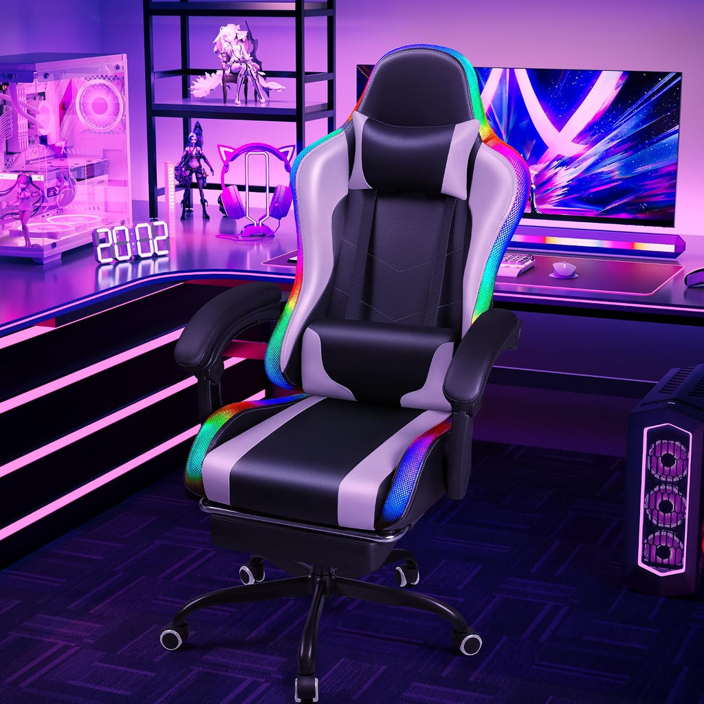 Shahoo Gaming Chair with LED Lights, Footrest and Massage Lumbar Support, Ergonomic Computer Seat Height Adjustable with 360°Swivel and Headrest, White with RGB