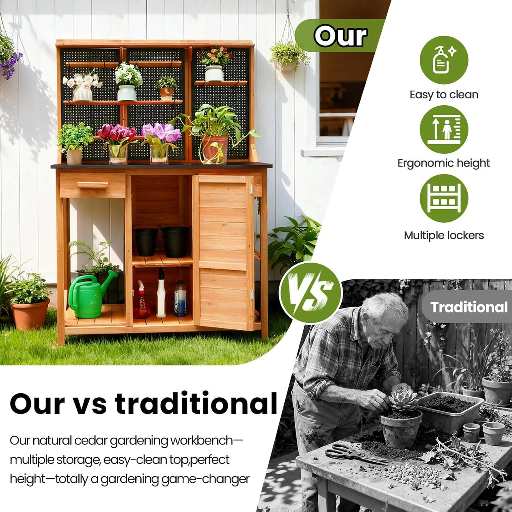 Wooden Outdoor Potting Bench with Pegboard, Storage Cabinet & Black Metal Top - Garden Table for Patio/Backyard