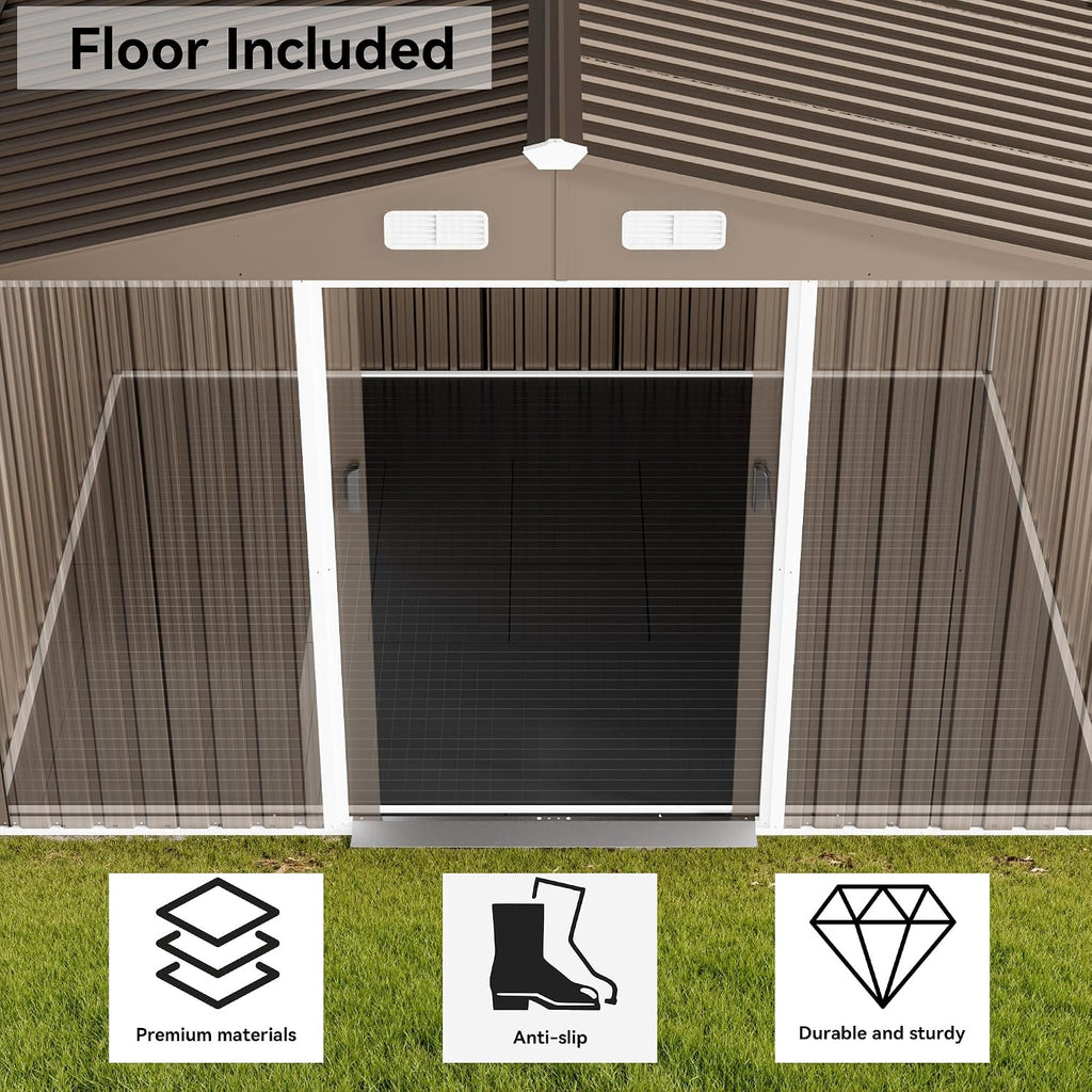 8 x 6 FT Outdoor Storage Shed with Frame Floor, Waterproof Lockable Door Metal Tool Shed with Sliding Door and Ventilation, Gardening Tool Storage Room, Metal Storage Shed for Gardens & Lawns