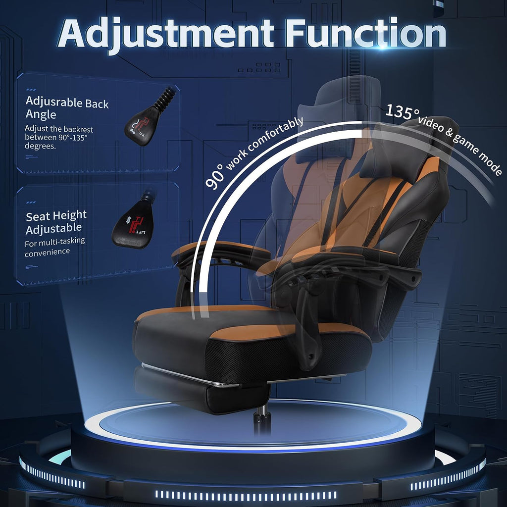 SUNLEI Gaming Chair for Adults, Ergonomic PU Leather Office Chair with Headrest & Footrest, Video Game Chairs with Massage Lumbar Support, Height Adjustable Computer Chair with 360° Swivel, Walnut Red