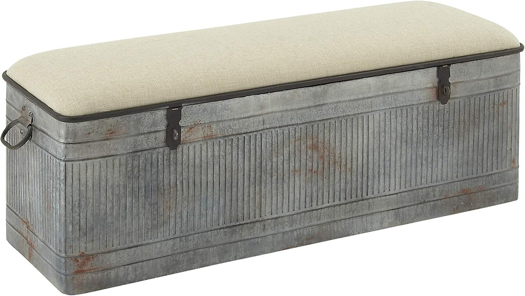 Deco 79 Metal Room Storage Bench Galvanized Entryway Bench with Cream Burlap Top, Bench 50' x 16' x 18', Gray
