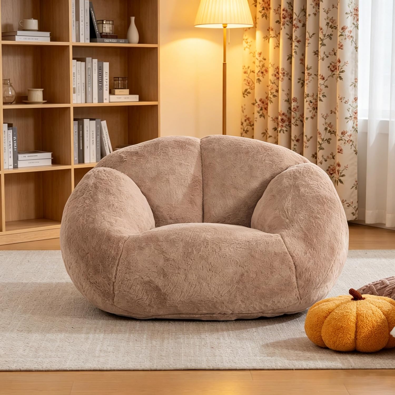 3.28 Feet Bean Bag Chair for Adults, Shell-Shaped Bean Bag Lazy Couch, Faux Fur Cloud Sofa Chair, Lounge Floor Sofa with Filler for Reading, Gaming & Watching, No Assembly Required (Camel)