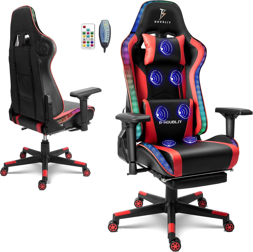Ergonomic Gaming Chair with RGB and Massage Function, Video Gaming Chair with Speakers, Footrest and Lumbar Support, Reclining Gaming Chair Office Chair for Adults, Teens,Red