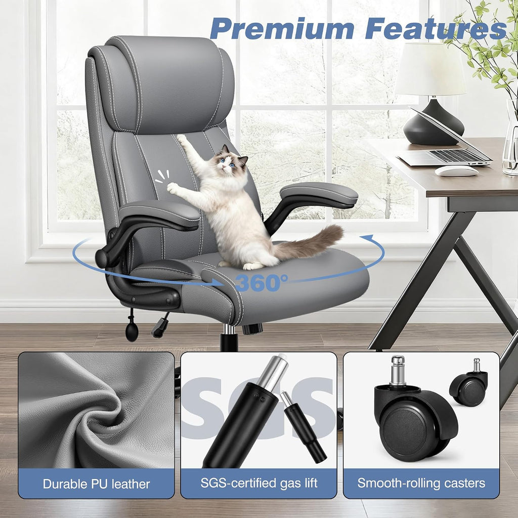 BESTFAIR Ergonomic Office Chair - Desk Computer Chair, Leather High Back Executive Chairs with Adjustable Lumbar Support for Adults, Rolling Swivel Tilt, Gray