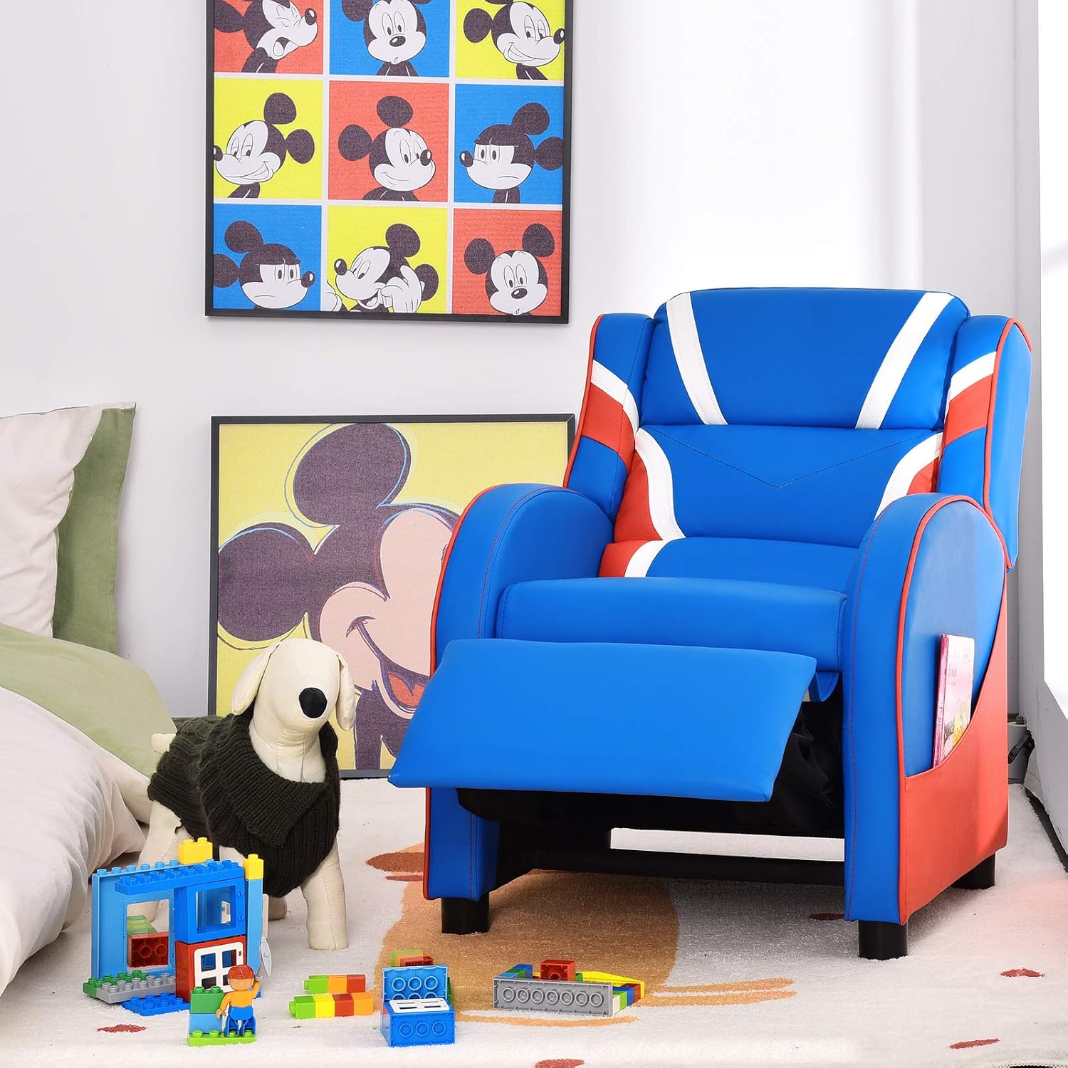 Kids Recliner, Kids Gaming Recliner Chair w/Adjustable Backrest & Footrest, 2 Side Pockets, Leather Armchair for Nursery, Bedroom, Comfy Toddler Chair Sofa for Boys & Girls (Blue)