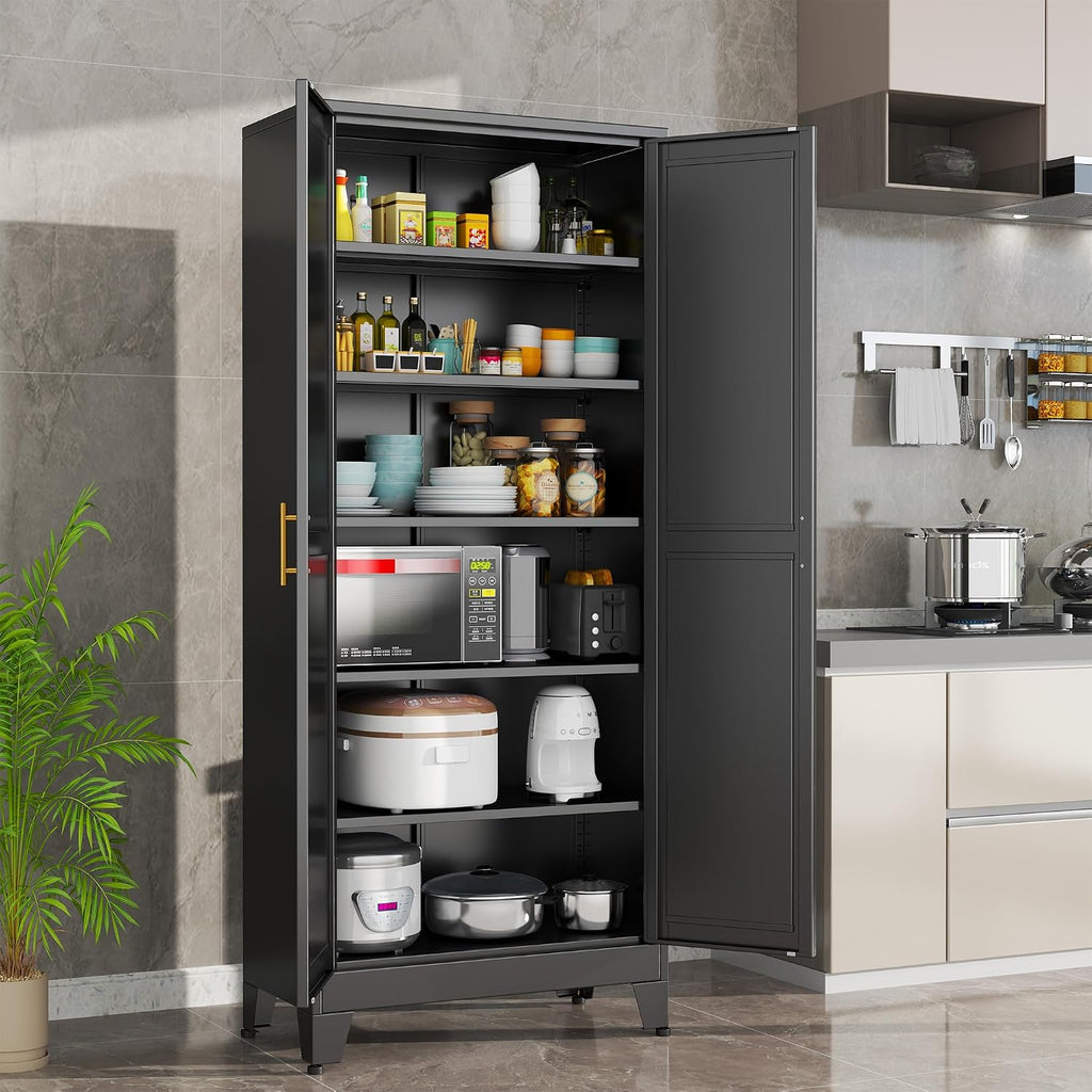 Black Metal Storage Cabinet,75' Steel Cabinets for Home Office, Kitchen Pantry Storage Cabinet with Doors and 5 Adjustable Shelves, Tool Cabinets, for Office, Home, Garage, School