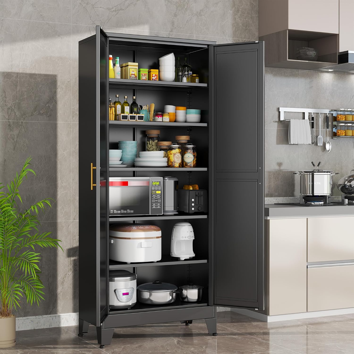 Black Metal Storage Cabinet,75' Steel Cabinets for Home Office, Kitchen Pantry Storage Cabinet with Doors and 5 Adjustable Shelves, Tool Cabinets, for Office, Home, Garage, School