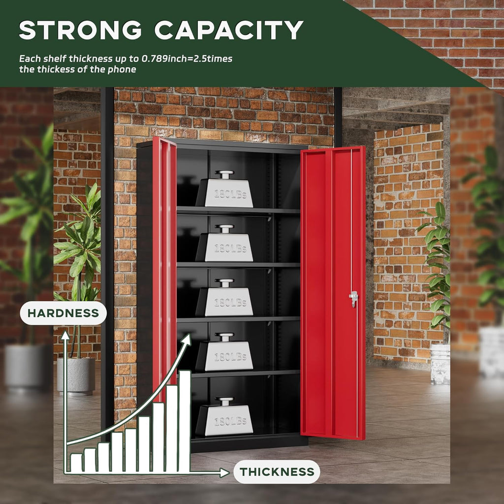Greenvelly Metal Garage Storage Cabinet, 72' Black Red Tool Steel Locking Cabinet with Doors and 4 Shelves, Tall Cabinets for Garage Storage Systems Lockable File Cabinet for Home Office,Garage
