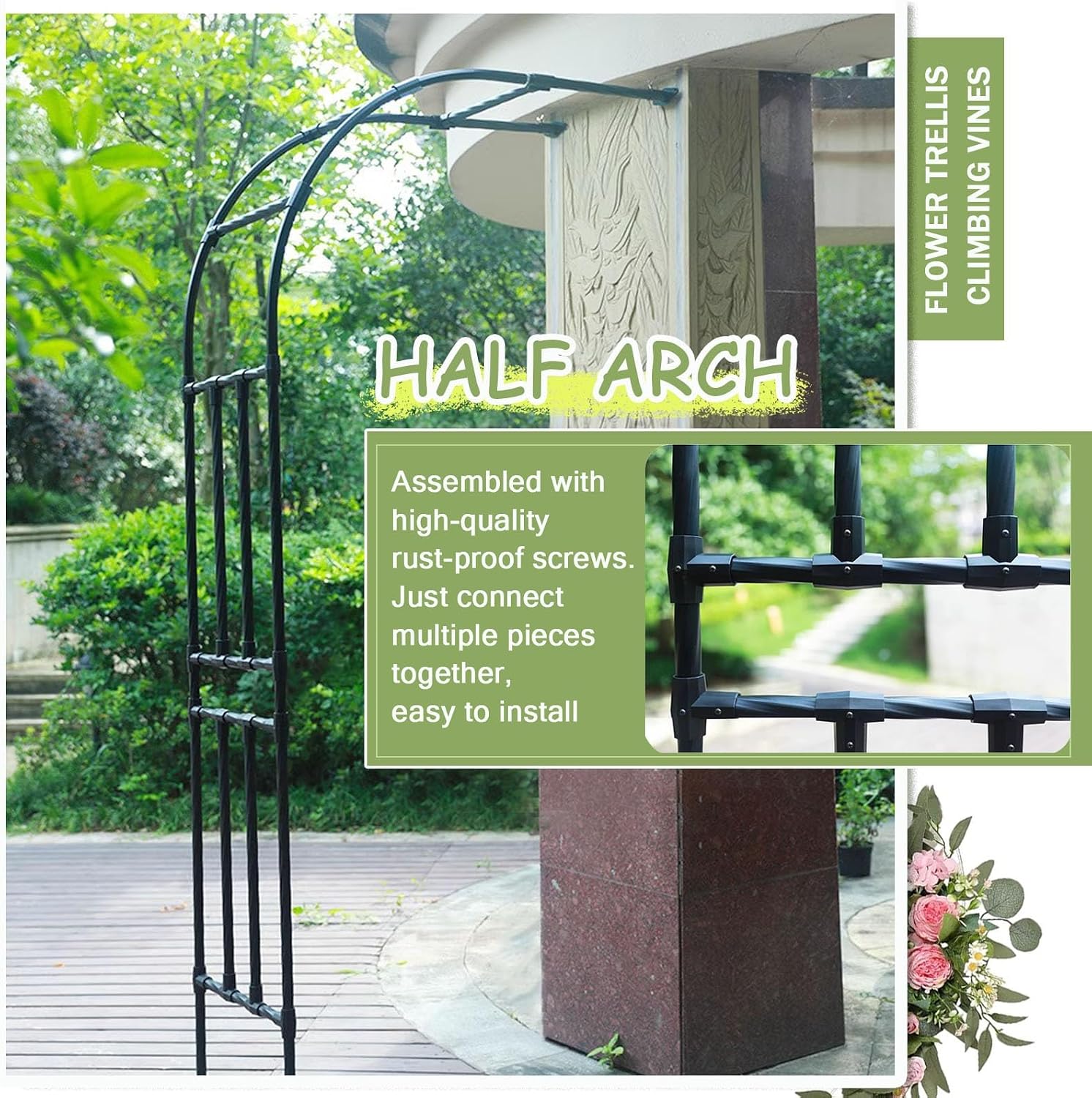 Black Metal Half Side Garden Arch, Wall Mounted Rose Arch Trellis, Wedding Archway Decoration Heavy Duty Steel Pergola Trellis for Outdoor Climbing Plants(Size:180x240x40CM/5.9x7.9x1.3ft)