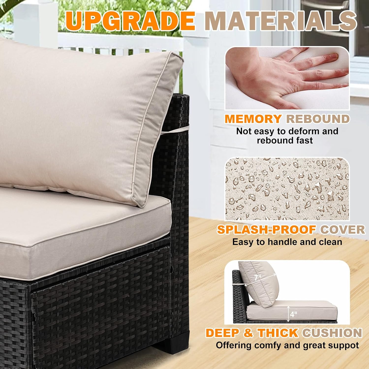 Outdoor Wicker Armless Sofa 2 Pack, Patio Rattan Sectional Sofa Set with Thick Seat Cushions and 2 Back Cushions for Garden, Backyard, Poolside Beige