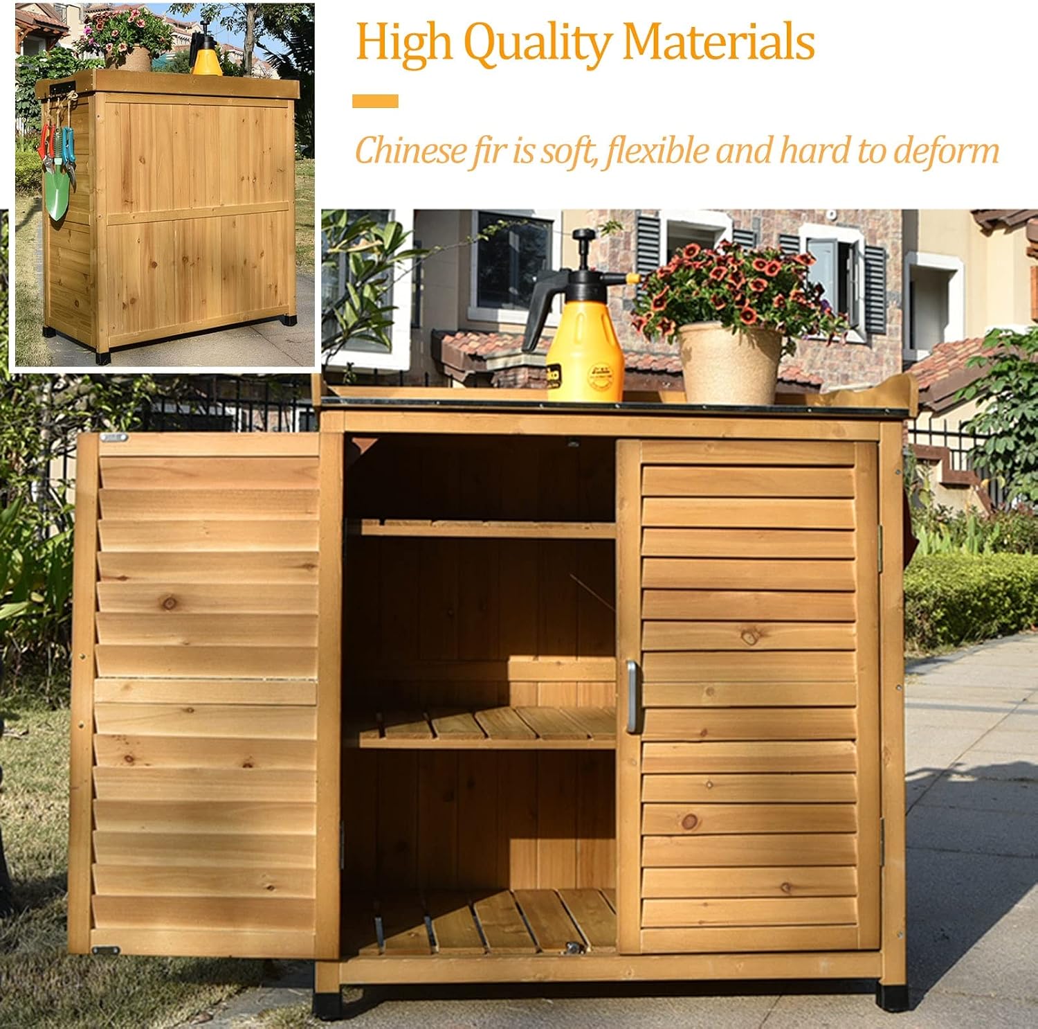 Furniture Waterproof Tool Shed Outdoor Garden Patio Storage Cabinet with Potting Benches Outdoor Work Station Table (Color : Brown)