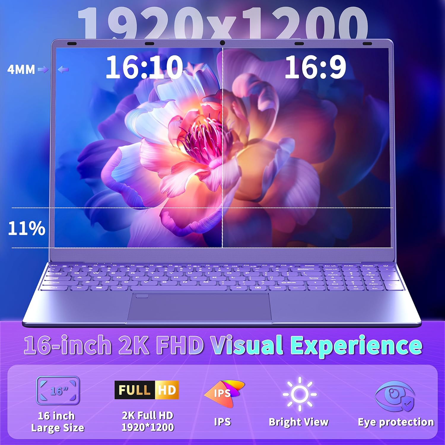 16' Purple Laptop Computer - 512GB NVMe SSD 12GB LPDDR5 RAM, N95 Processor, 1920X1200 FHD IPS, RGB Backlit Keyboard, Fingerprint, Win 11 Pro, Ergonomic Design for Students Business Home Use