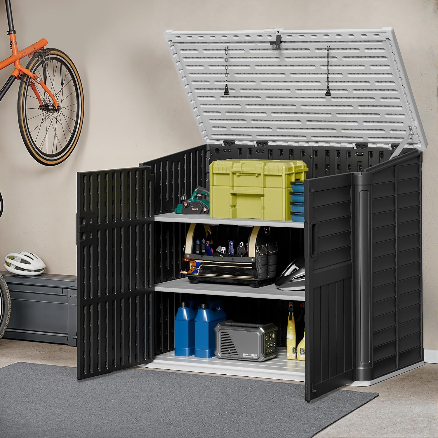 JUMMICO Resin Outdoor Storage Shed, 34 Cu Ft Horizontal Storage Cabinet with Shelves for Trash Cans, Garden Tools, Pool Supplies (Black)