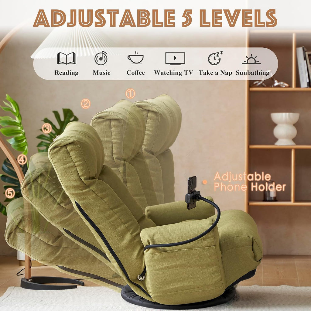 Floor Chair with Back Support, Swivel Gaming Chair with 5 Adjustable Position, Meditation Chair with Phone Holder, Linen Indoor Lounge Chair for Lazy Boys, Living Room, Bedroom, Lounge, Green