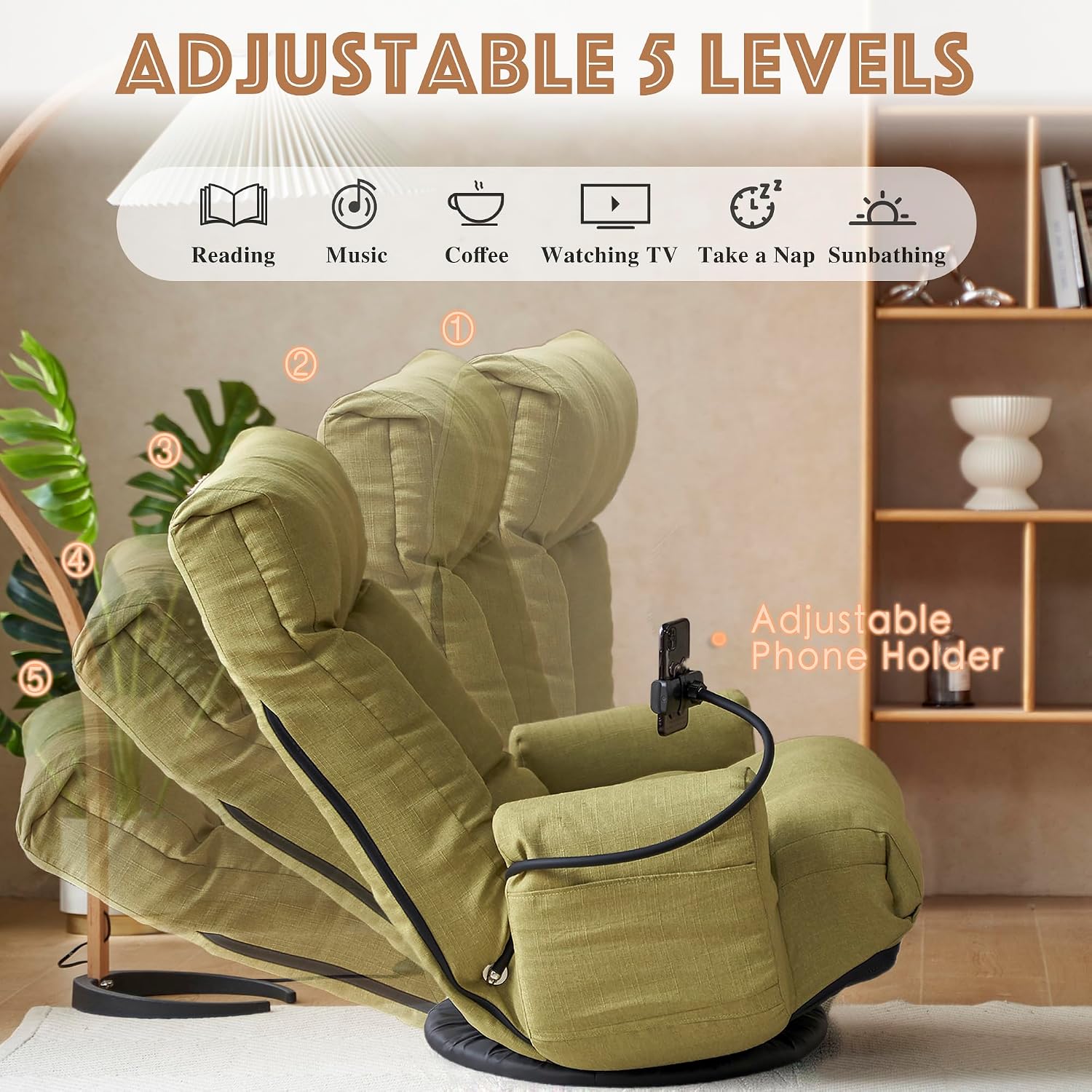 Floor Chair with Back Support, Swivel Gaming Chair with 5 Adjustable Position, Meditation Chair with Phone Holder, Linen Indoor Lounge Chair for Lazy Boys, Living Room, Bedroom, Lounge, Green