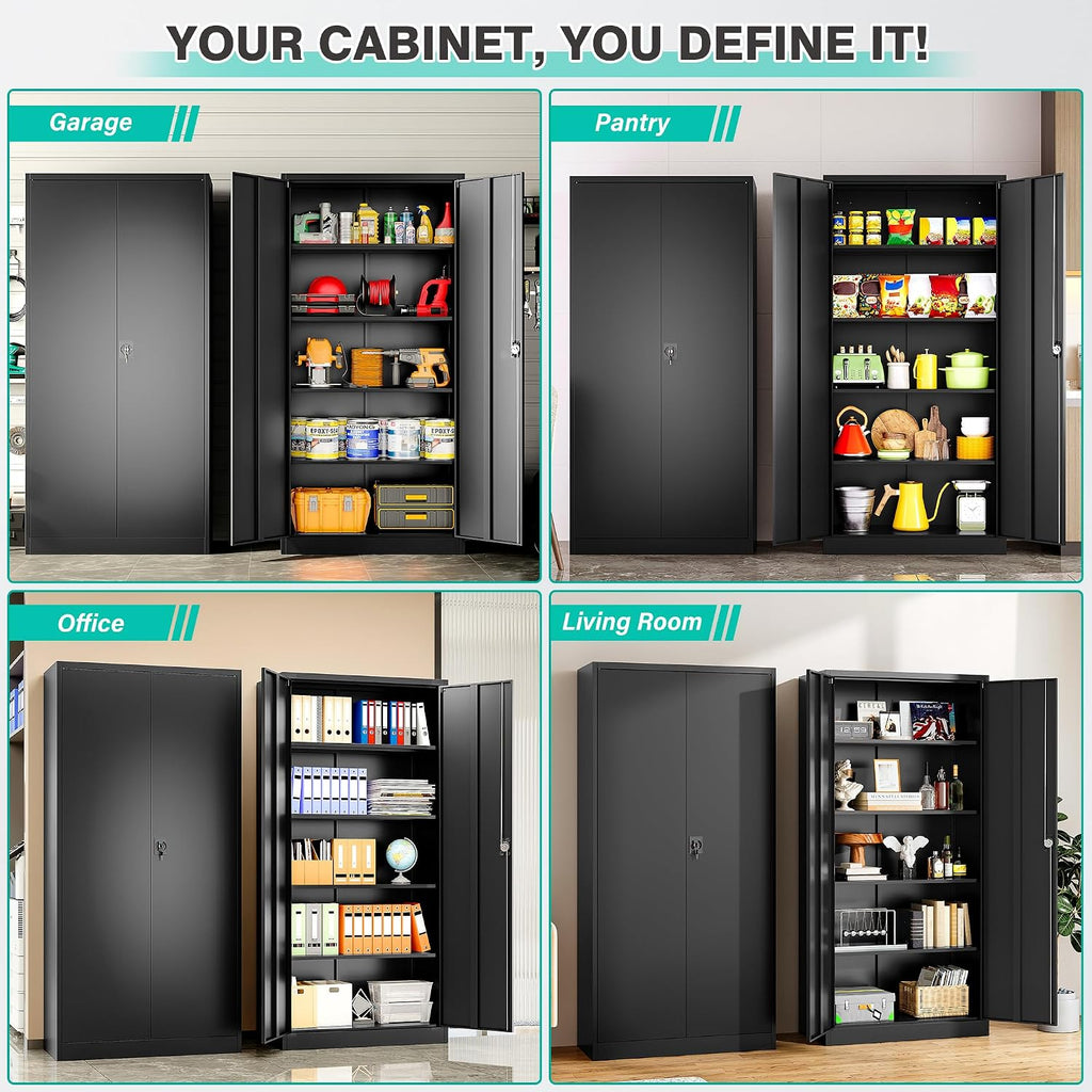 SISESOL Metal Storage Cabinet with 2 Doors and 5 Shelves,71' Lockable Garage Storage Cabinet,Black Metal Cabinets with Lock,Locking Steel Cabinets for Home,Office,Garage,Shop,School