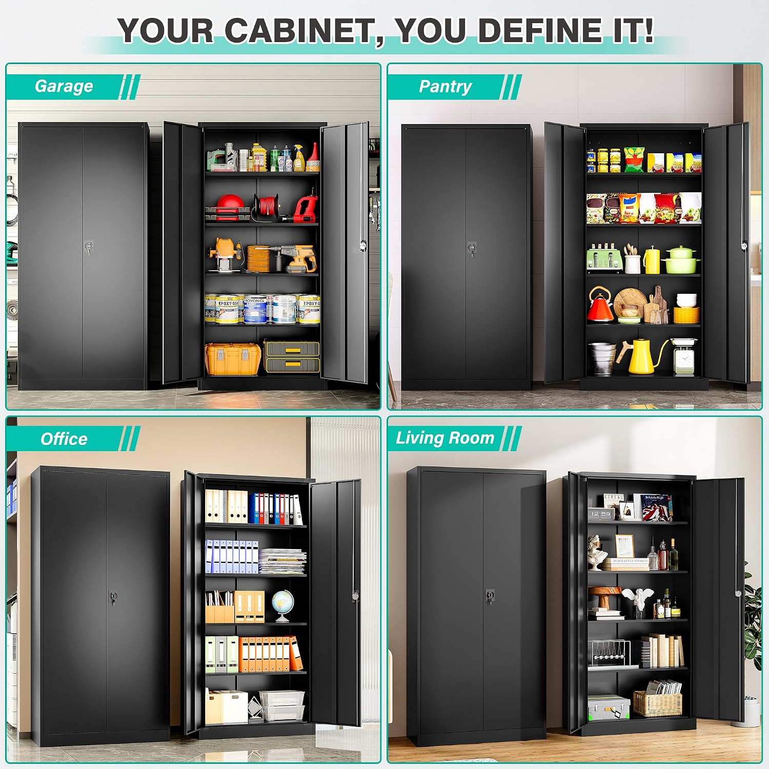 SISESOL Metal Storage Cabinet with 2 Doors and 5 Shelves,71' Lockable Garage Storage Cabinet,Black Metal Cabinets with Lock,Locking Steel Cabinets for Home,Office,Garage,Shop,School
