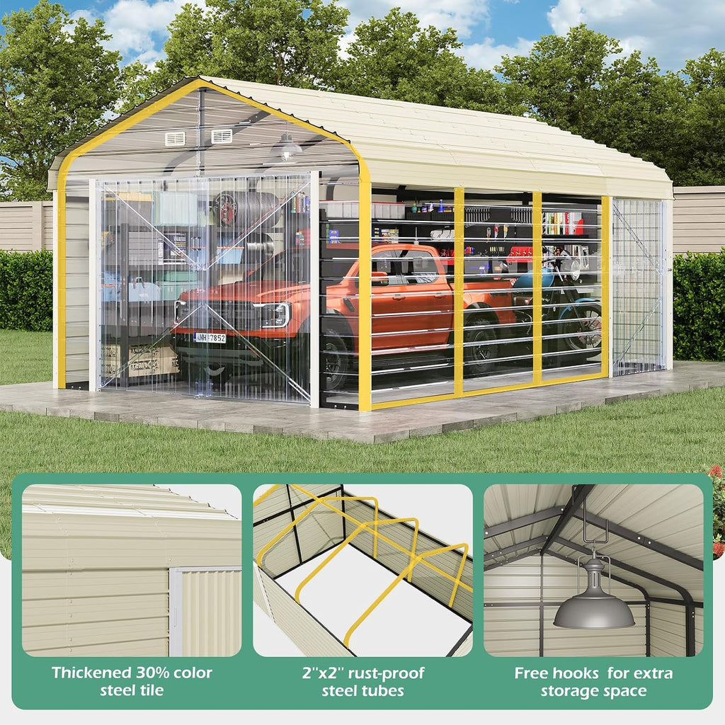 EROMMY 12x20 FT Heavy Duty Carport - Galvanized Steel Frame Car Shelter with Reinforced Base, Enclosed Storage Shed for Cars & Trucks, Beige