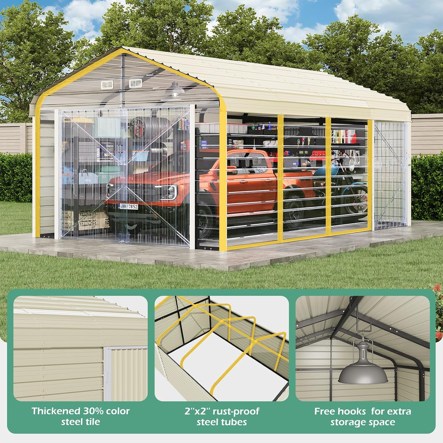 EROMMY 12x20 FT Heavy Duty Carport - Galvanized Steel Frame Car Shelter with Reinforced Base, Enclosed Storage Shed for Cars & Trucks, Beige