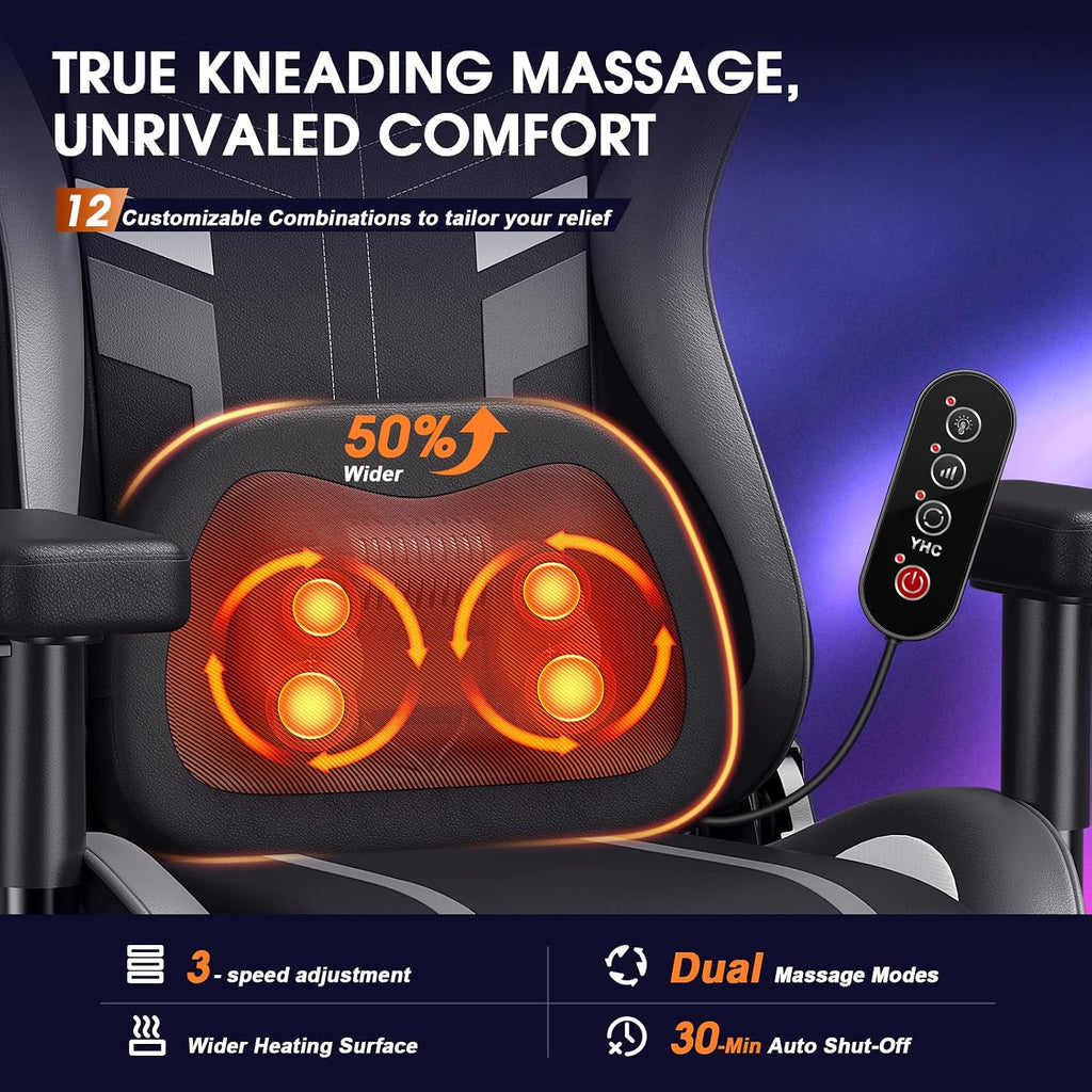 Douxlife 3D Kneading Massage Gaming Chair with Footrest, 400lbs Heavy Duty PC Computer Desk Chair for Adults, Adjustable 2D Armrests, Ergonomic 175° Recline & Optional Heat, Black&Gray