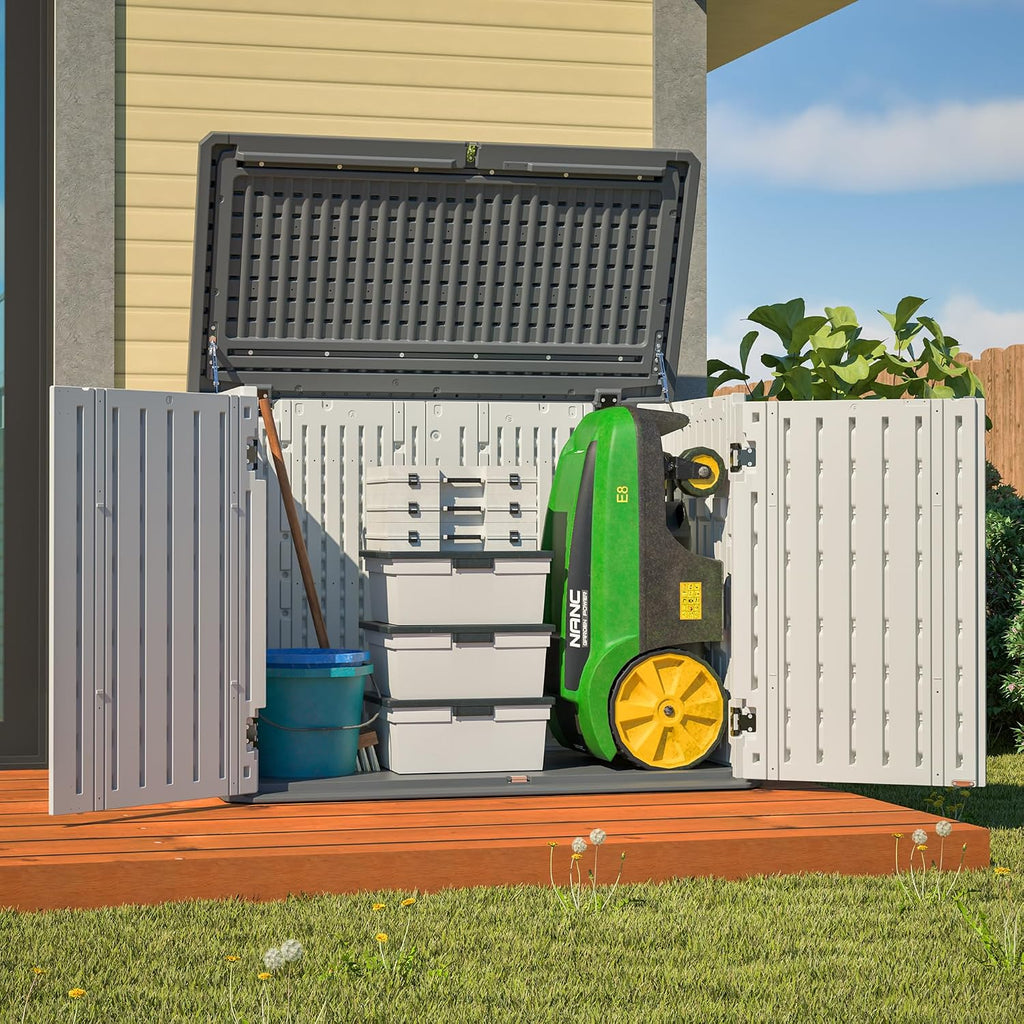 YOPTO Outdoor Storage Shed Horizontal Plastic Shed W/Lockable Cabinet,Weather Resistance Foldable House W/Sloped Roof & Dual-Locking Mechanism,28 Cu.ft Garden Tool House for Backyards,Patio,White