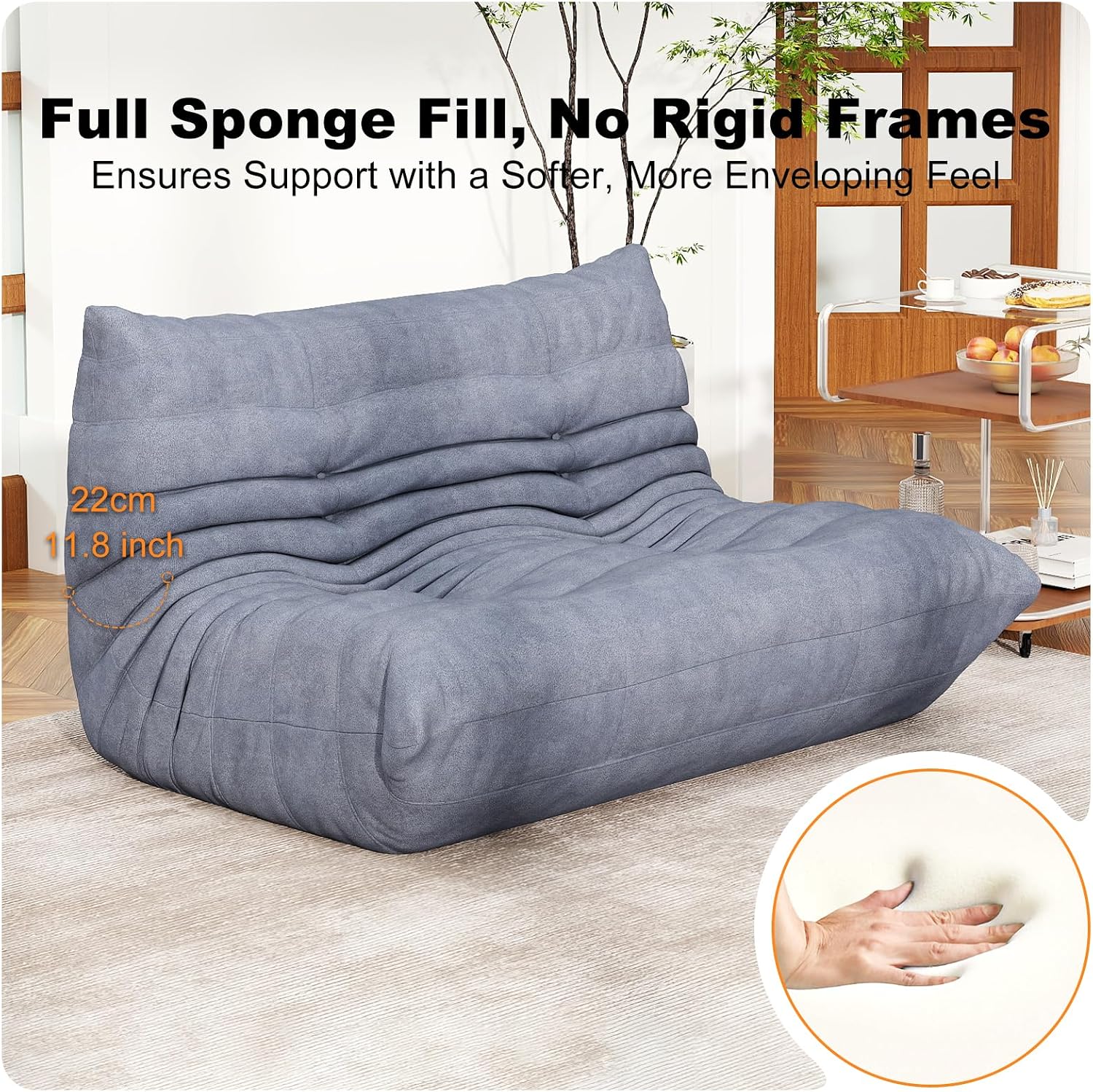 Full Foam Loveseat Sofa,Adults Bean Bag Chairs Floor Couch with Soft Waterproof Fabric,Armless Fireside Lounge Chair for Living Room,Apartment and Office (Grey)