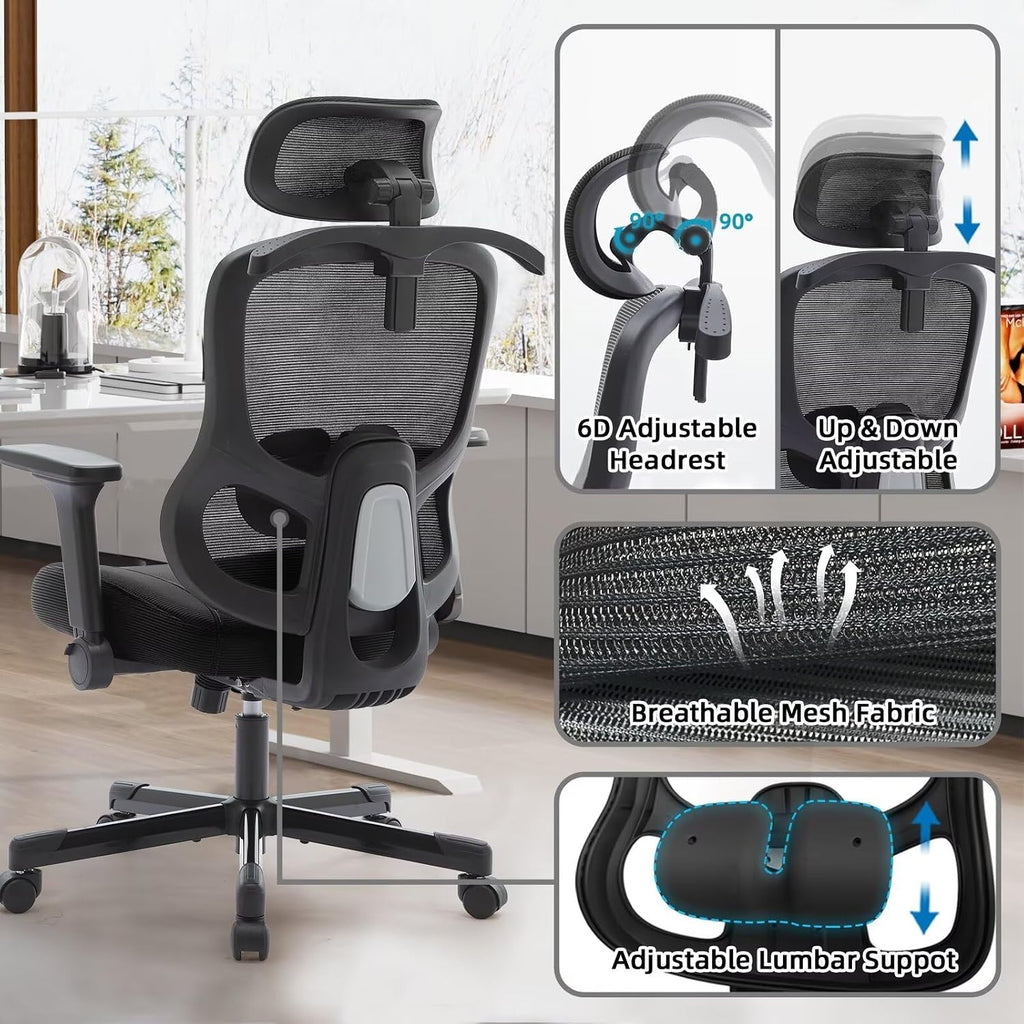 Ergonomic Office Chair Reclining Gaming Chair Adjustable Lumbar Support 6D Armrest Headrest Breathable Mesh Swivel Computer Chairs Home Task Desk Chair Wheels Coat Hanger Tilt Lock Cross Legged Chair