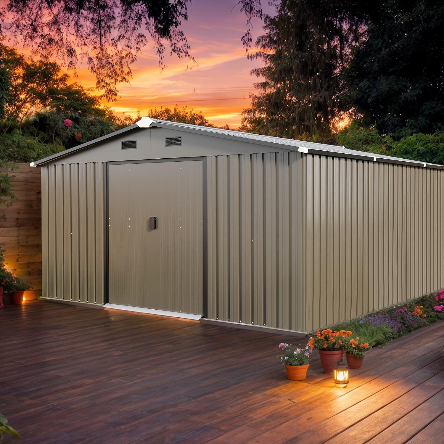 KEIKI 10x12 FT Metal Garden Storage Shed with Foundation Kit, Double Door Outdoor Tool Shed with 2 Windows, Color Steel Construction, Tool Shed for Lawn Equipment, Bikes, Trash Cans, Brown