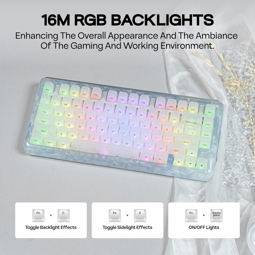KiiBoom Jade75 75% Resin Molding Mechanical Keyboard, BT5.0/USB-C/2.4GHz Wireless Gaming Keyboard, QMK&VIA Programmable, RGB Backlits, Hot-Swappable, CNC+UV Case for Windows/Mac/Linux (White)