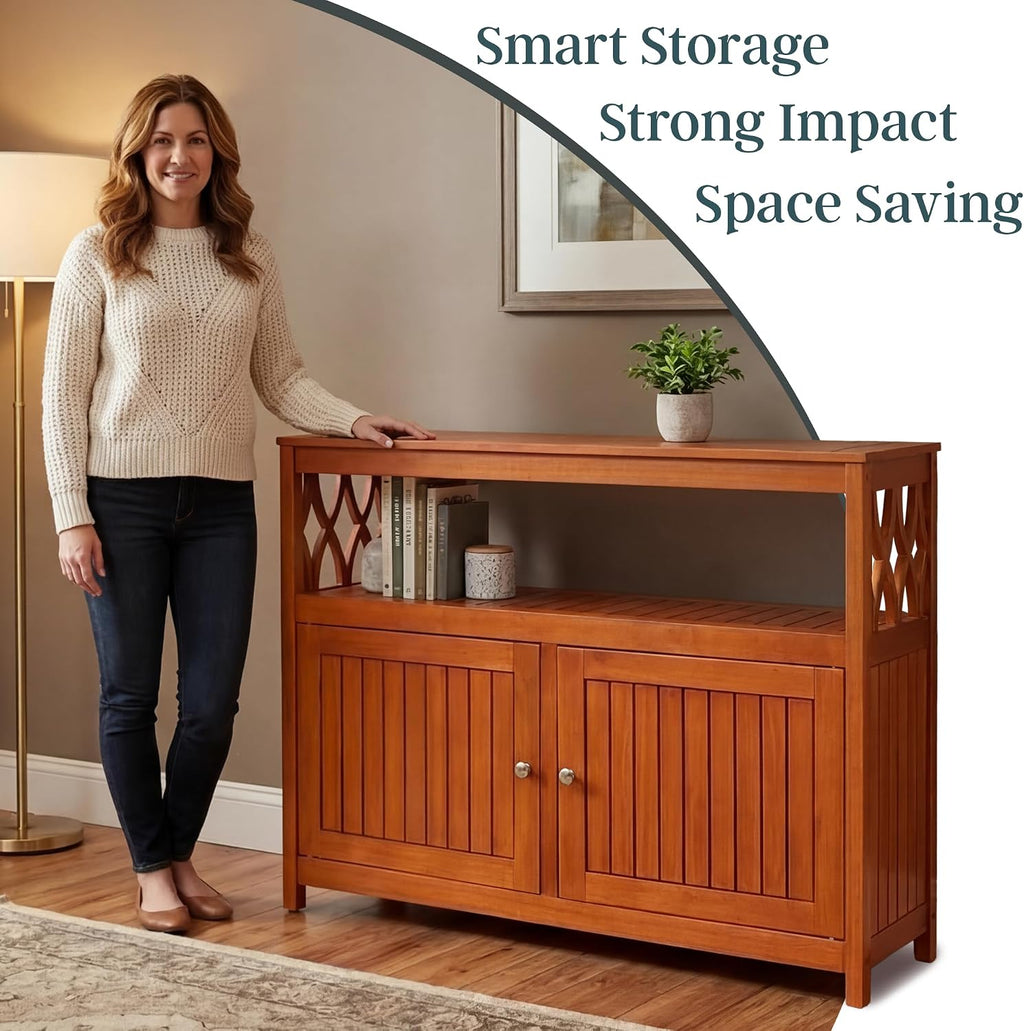 DTY Outdoor Living Longs Peak Eucalyptus Wood Sideboard Table, Outdoor Buffet Cabinet with Storage, Natural Oil Weather-Resistant Finish