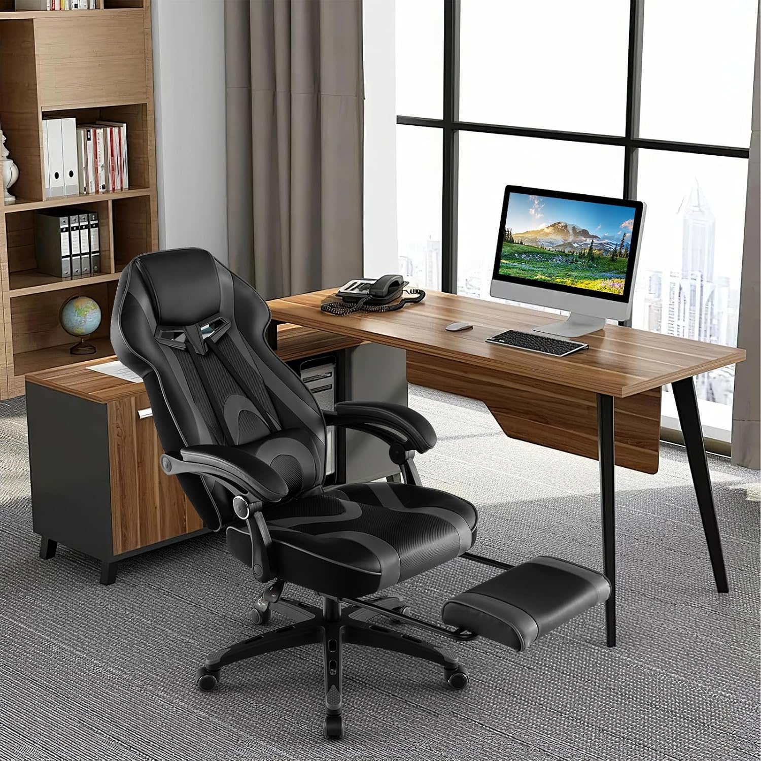 Giantex Gaming Chair with Footrest for Adults, Reclining Video Game Chair w/Lumbar Support, Racing Style Ergonomic Office Computer Chair, Height Adjustable Swivel Gamer Chair for Gaming (Grey)