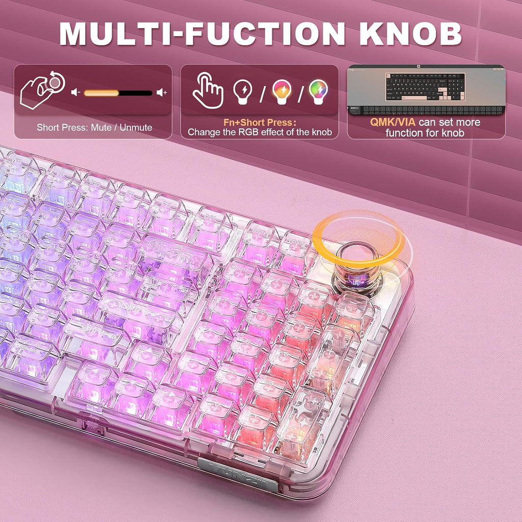 YUNZII X98 QMK/VIA Wireless Mechanical Gaming Keyboard with Knob,Tri-Mode BT5.0/USB-C/2.4GHz Hot Swappable Keyboard,Pre-lubed Switches Gasket Mount RGB Backlit for Wins/Mac (Pink, Crystal Switch)