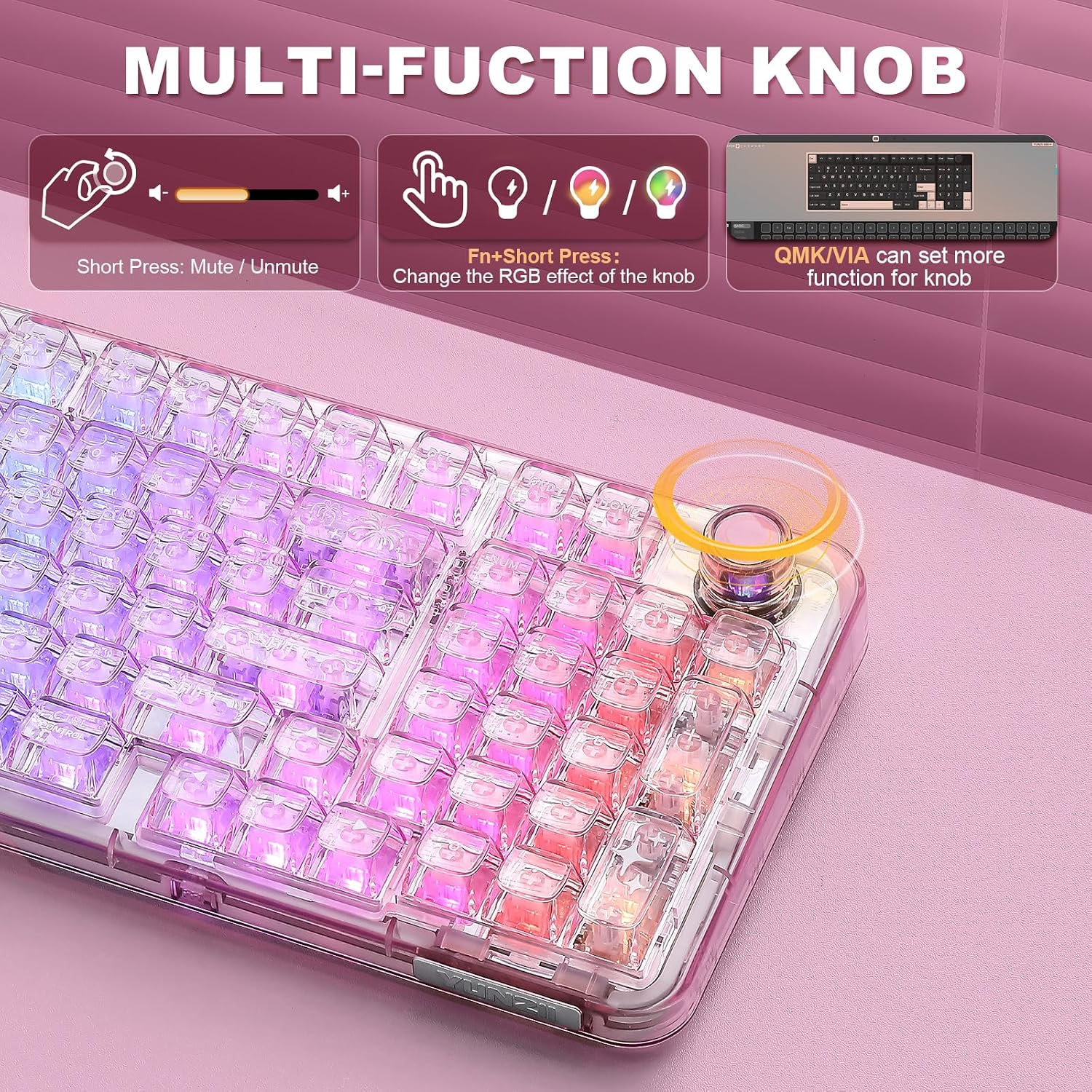 YUNZII X98 QMK/VIA Wireless Mechanical Gaming Keyboard with Knob,Tri-Mode BT5.0/USB-C/2.4GHz Hot Swappable Keyboard,Pre-lubed Switches Gasket Mount RGB Backlit for Wins/Mac (Pink, Crystal Switch)