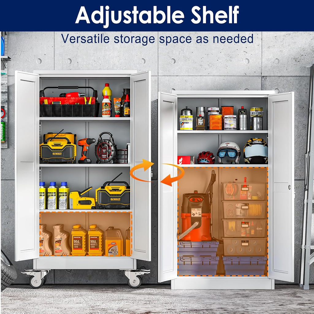 erosoei 61' H Metal Garage Storage Cabinet, Rolling Tool Cabinet with 2 Doors and Wheels, Locker Steel Cabinet with 3 Adjustable Shelves, Organization Cabinet for Garage,Office,Home,Gym,School（White）
