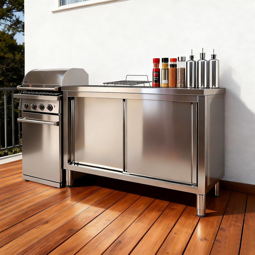 Stainless Steel Work Table with Cabinet 48'x20',Commercial Kitchen Workbench with Sliding Doors for Prep Work, Heavy Duty Prep Table for Restaurant,Garage,Warehouse
