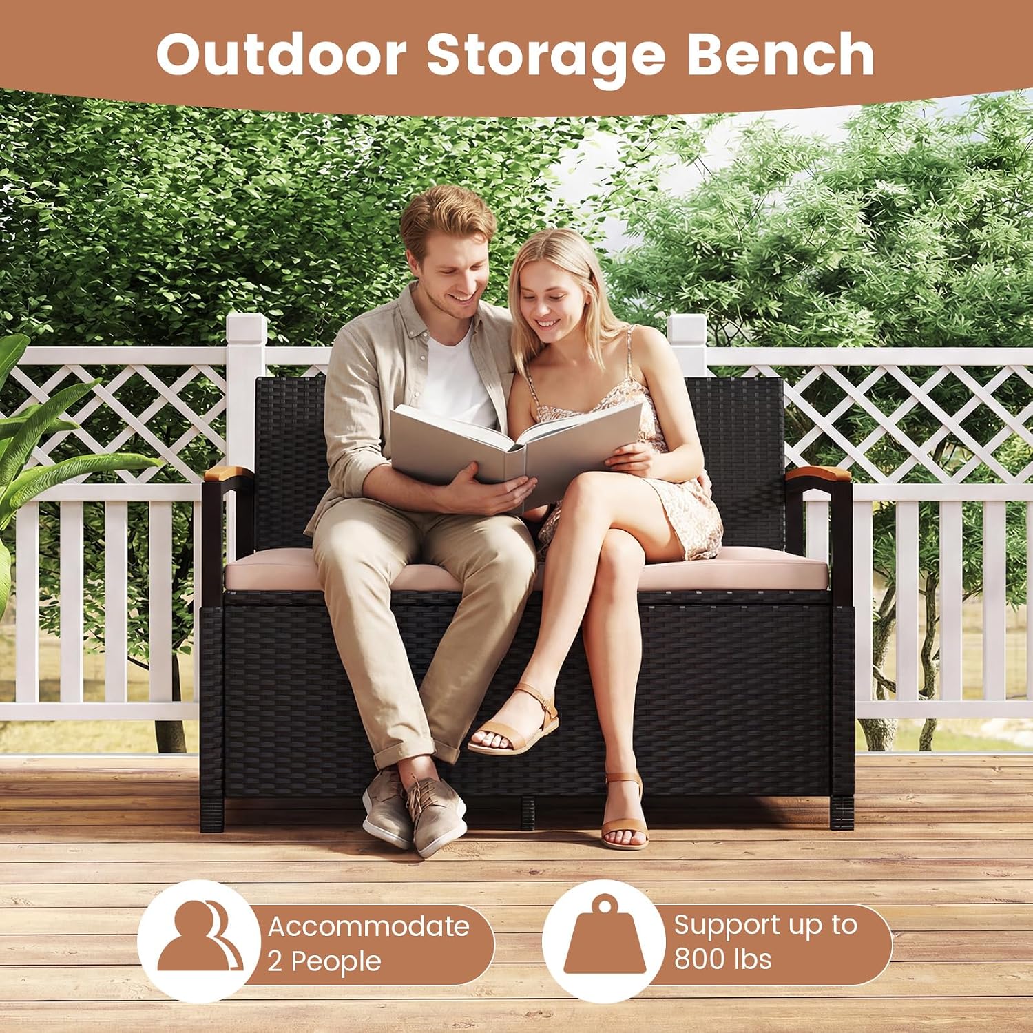 RELAX4LIFE Wicker Outdoor Storage Bench, Rattan Deck Box w/Protective Liner for Patio Furniture Pillows & Garden Tools, Porch Loveseat with Seat Cushion, Acacia Wood Armrests (Black-Beige)