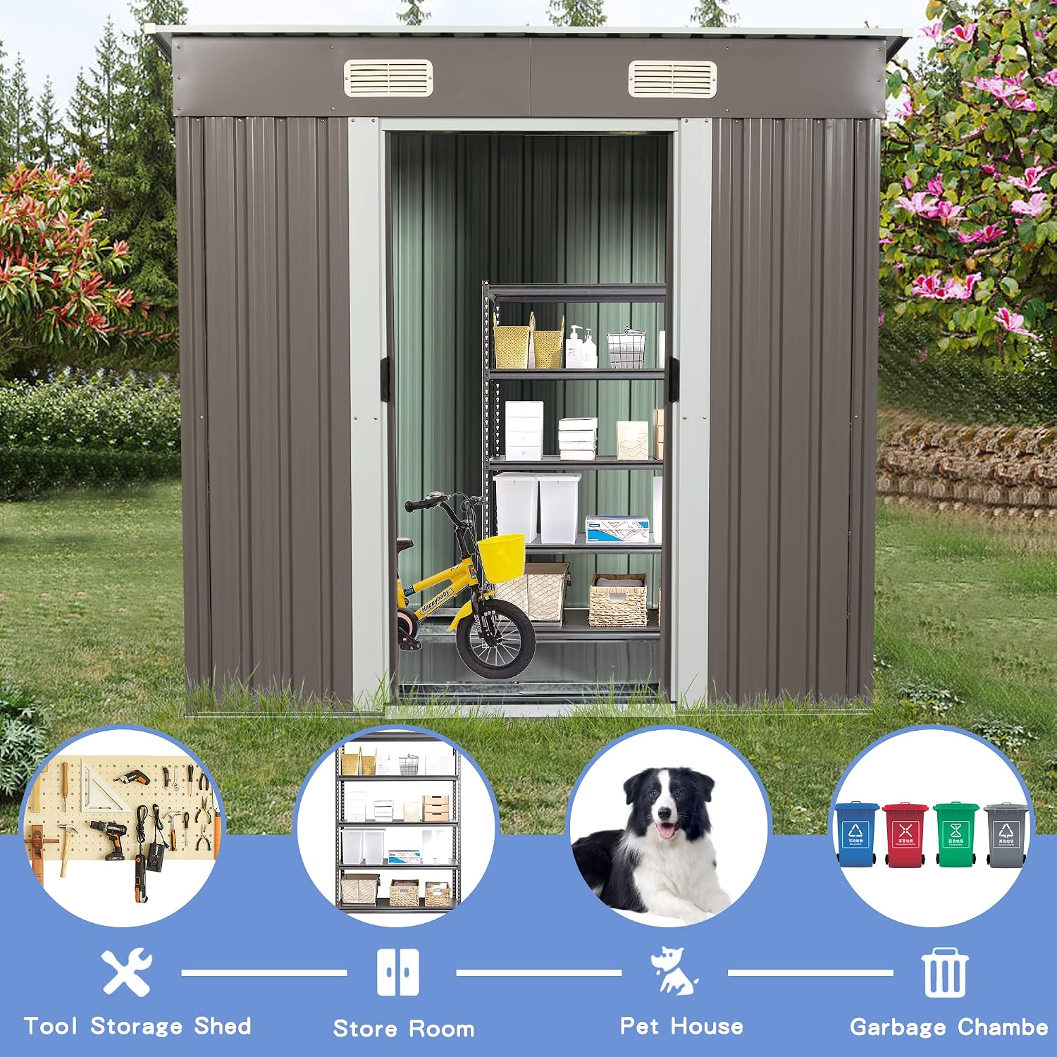 KEIKI 6x4 FT Outdoor Metal Storage Shed with Sloped Roof,Vents and Lockable Door for Garden Yard Lawn