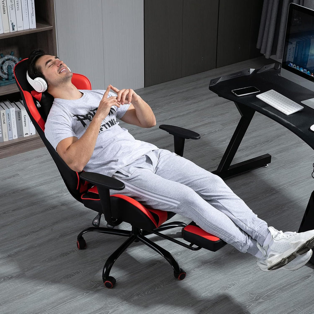 ECOTOUGE PC Massage Gaming Chair with Footrest Ergonomic Office Desk Chair Adjustable Massage Lumbar Cushion and Headrest, Red