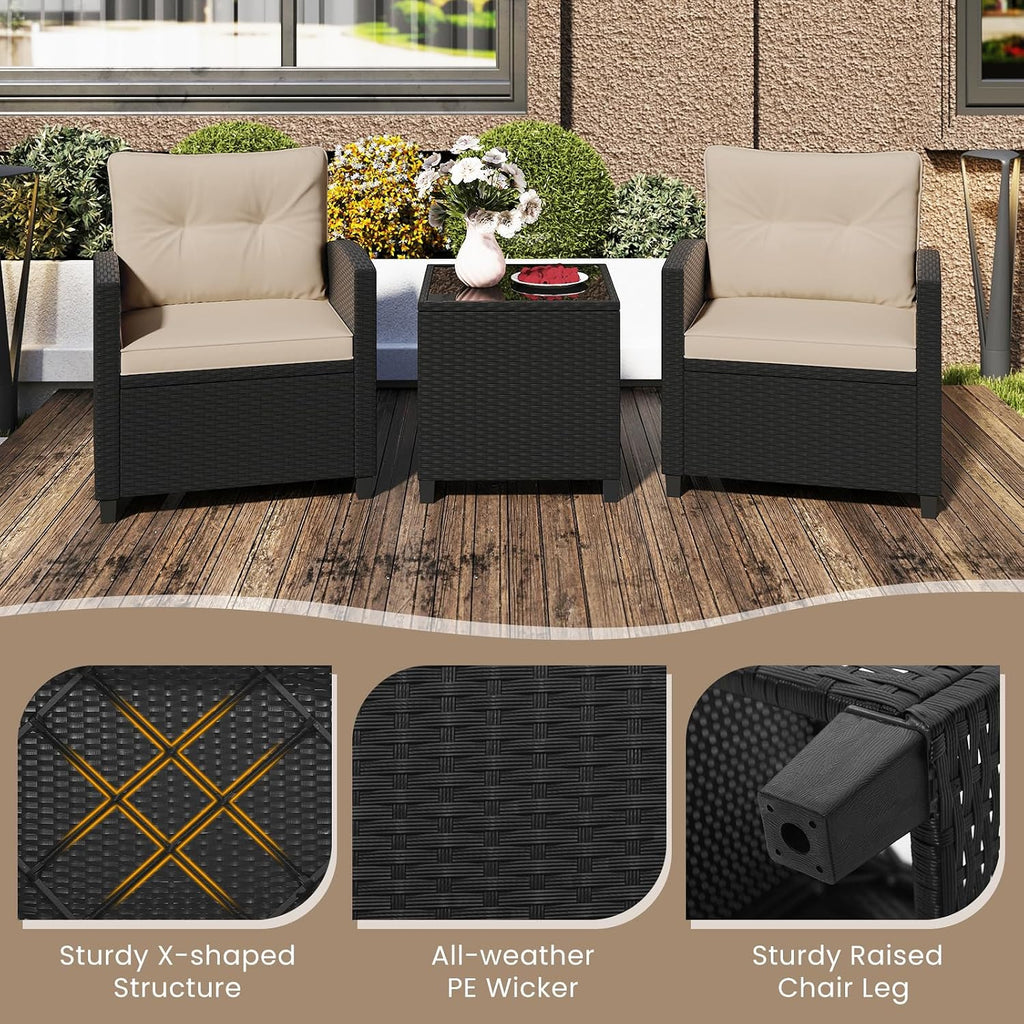 ORALNER 3 Pieces Patio Furniture Set, Wicker Conversation Set Outdoor Chairs with Cushions, Glass Coffee Table, Rattan Bistro Set for Front Porch Balcony Garden Deck Poolside (Khaki)