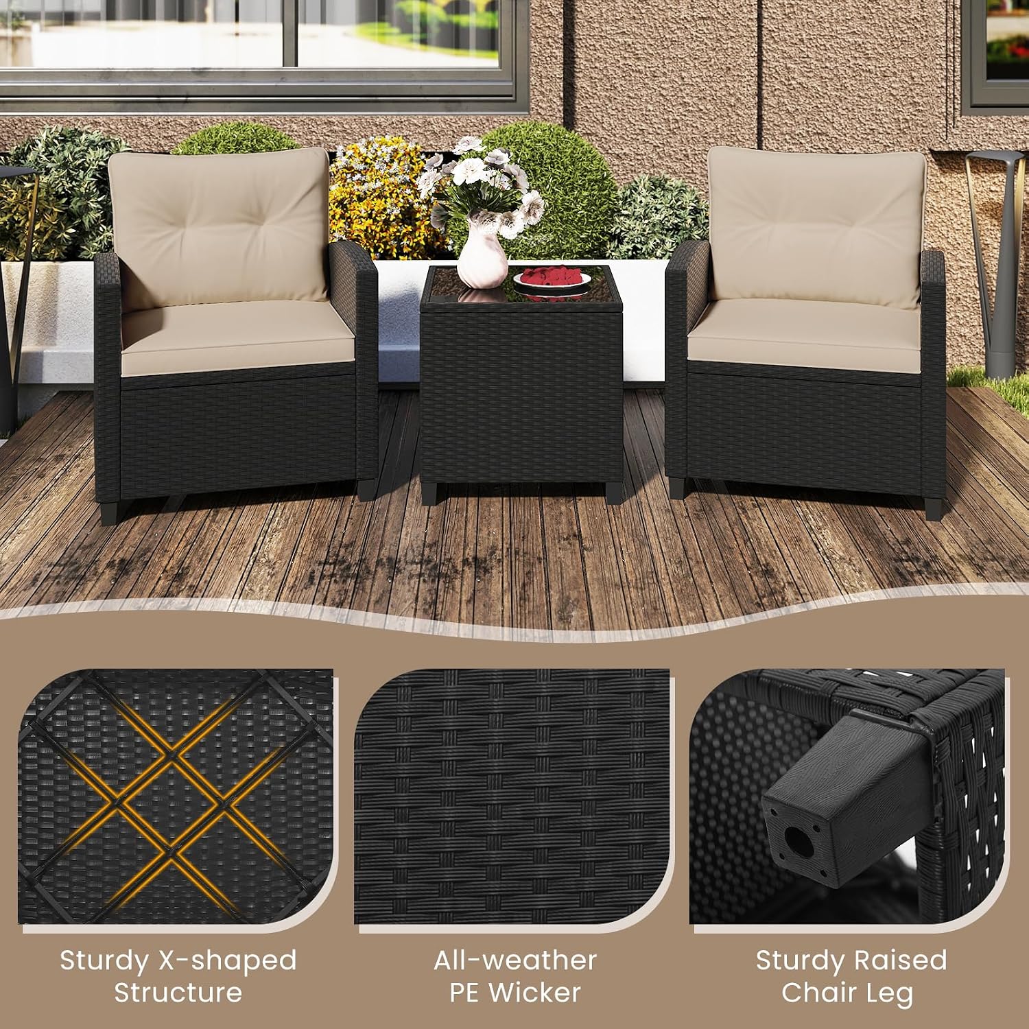 ORALNER 3 Pieces Patio Furniture Set, Wicker Conversation Set Outdoor Chairs with Cushions, Glass Coffee Table, Rattan Bistro Set for Front Porch Balcony Garden Deck Poolside (Khaki)