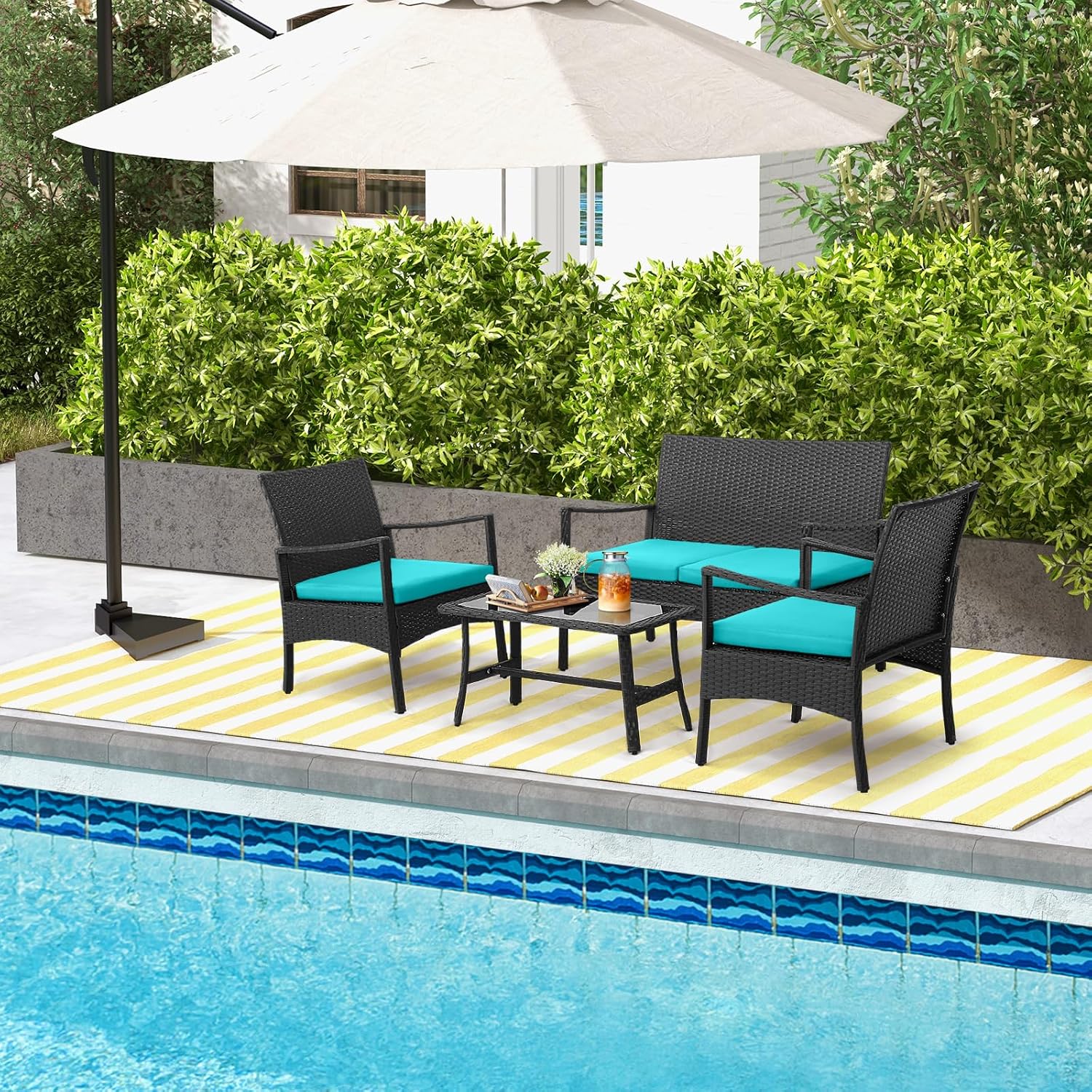 HAPPYGRILL 4 Pieces Patio Wicker Furniture Set PE Wicker Conversation Set, Rattan Sofa Chair with Cushions Tempered Glass Coffee Table, Outdoor Sectional Bistro Set for Poolside Backyard Lawn Garden
