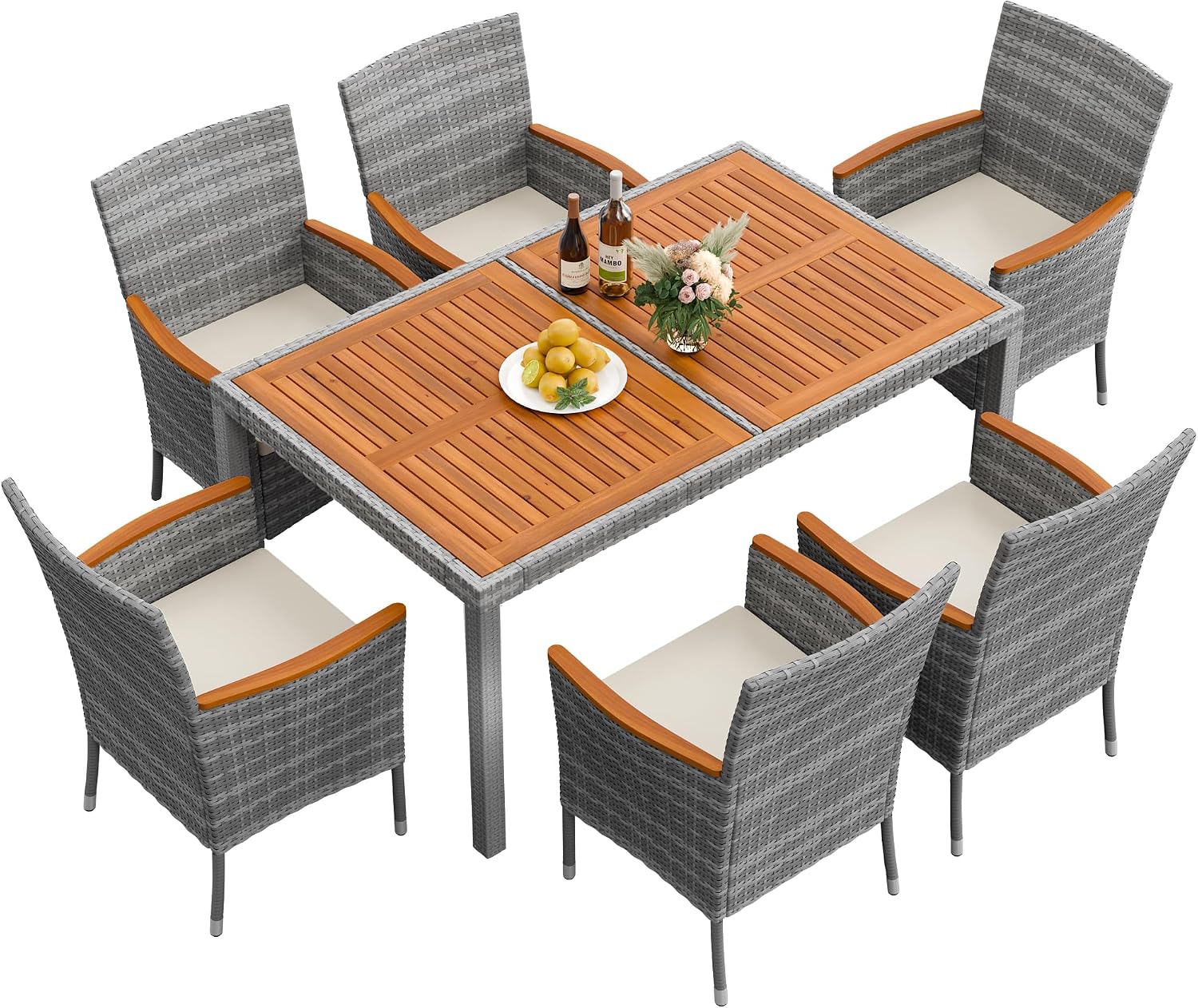 Flamaker 7 Piece Patio Dining Set Outdoor Acacia Wood Table and Chairs with Soft Cushions Wicker Patio Furniture for Deck, Backyard, Garden (Grey)