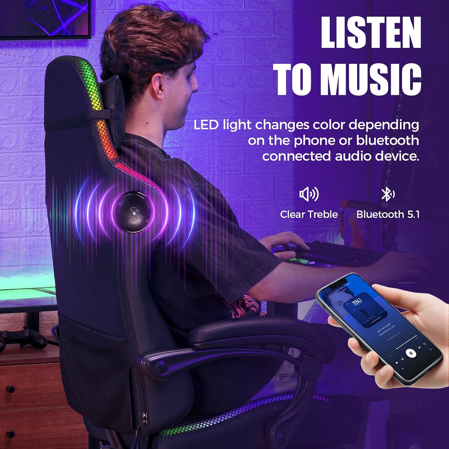 GTPLAYER RGB Gaming Chair with Speakers - LED Computer Game Chair for Adults, PC Home Office Chairs with Footrest & Lights, Reclining Desk Chairs, Black