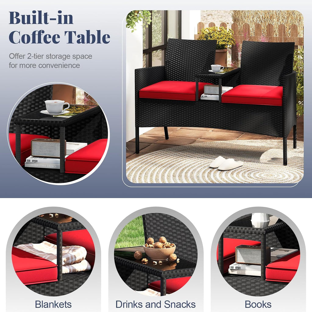 Tangkula Patio Loveseat with Built-in Table, Wicker 2-Seat Furniture with Soft Cushions & Tempered Glass Tabletop, Metal Frame Outdoor Conversation Seating Bench for Backyard, Porch